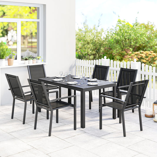 Outsunny Seven Piece Garden Dining Set With Plastic Wood Top Table Six Stackable Chairs Black Outdoor Patio Furniture
