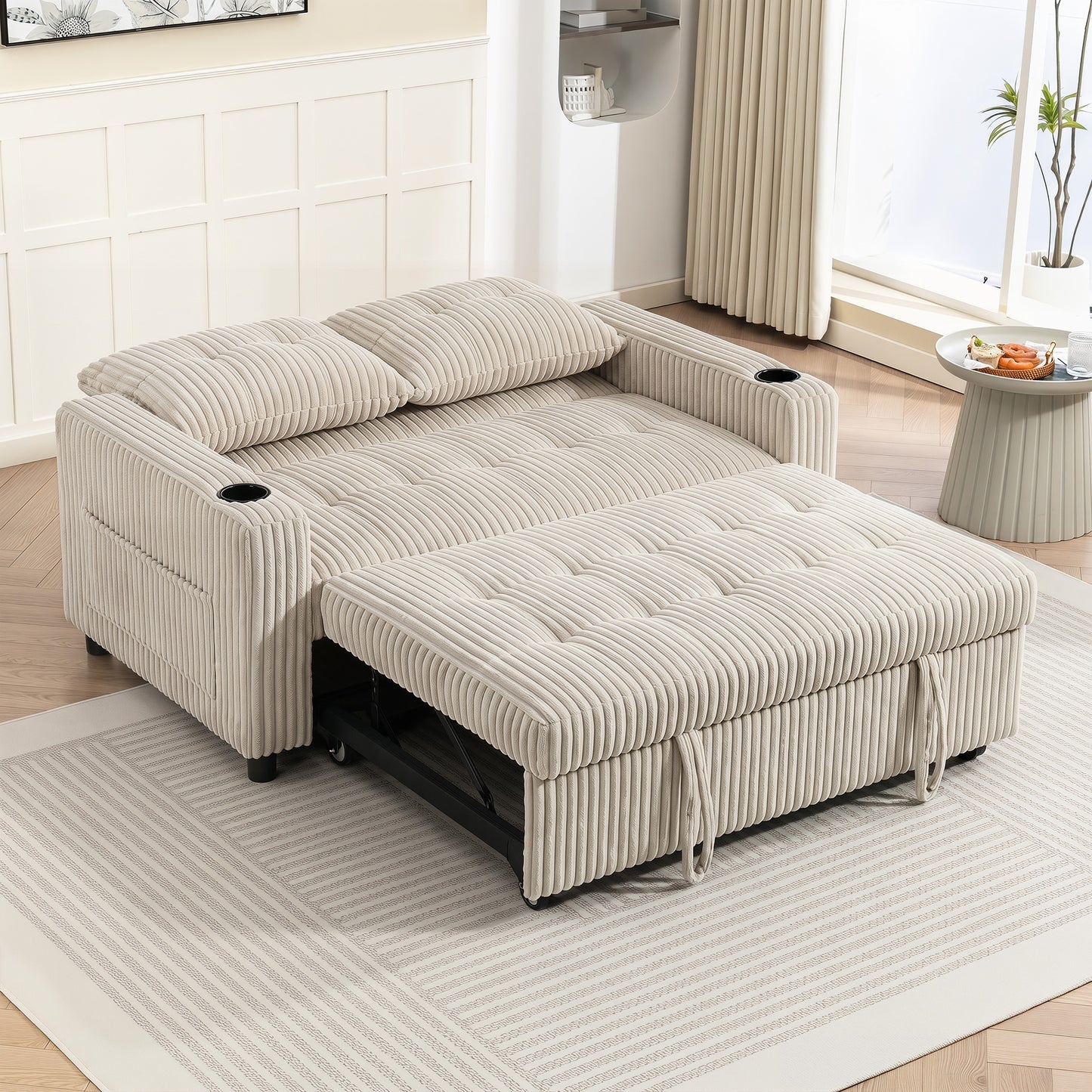 HOMCOM Corduroy Click Clack Sleeper Sofa With Pull Out Design 2 Seater Sofa Bed Cream White