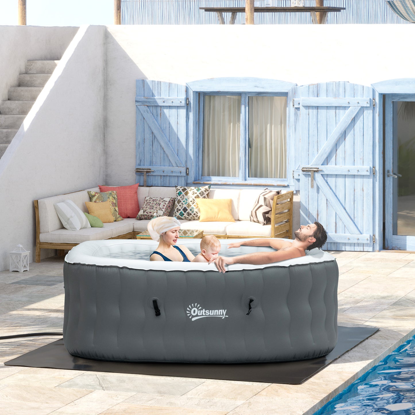 Outsunny Inflatable Outdoor Hot Tub Spa for 4-6 People with Bubble Jets, Pump, Cover, and Filter - Grey - ALL4U RETAILER LTD