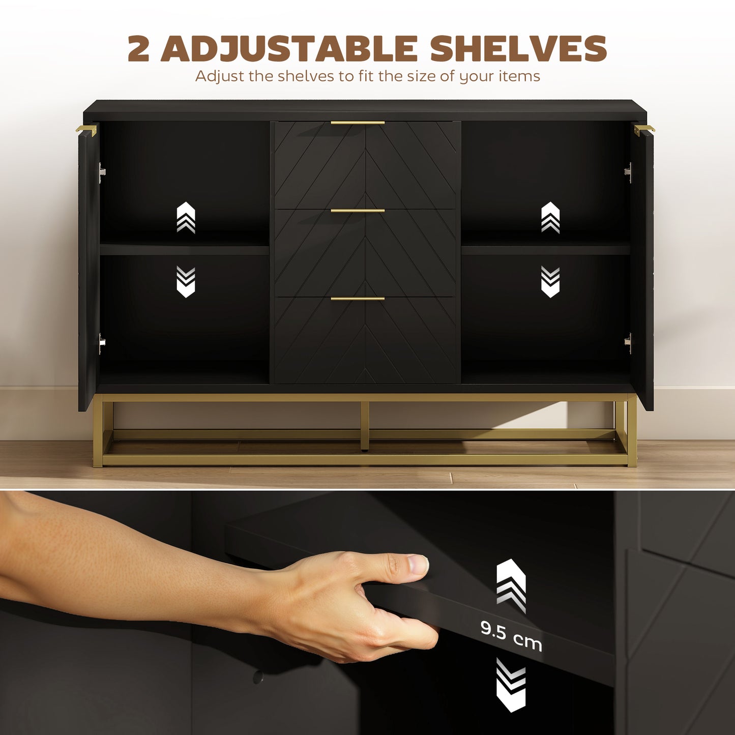 HOMCOM Sideboard With 3 Drawers And Adjustable Shelves For Living Room Black Finish Modern Storage Cabinet