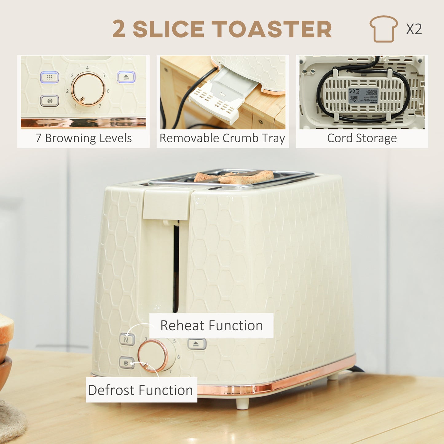 HOMCOM 1.7L 3000W Fast Boil Kettle And 2 Slice Toaster Set With Auto Shut Off Browning Controls Beige Honeycomb