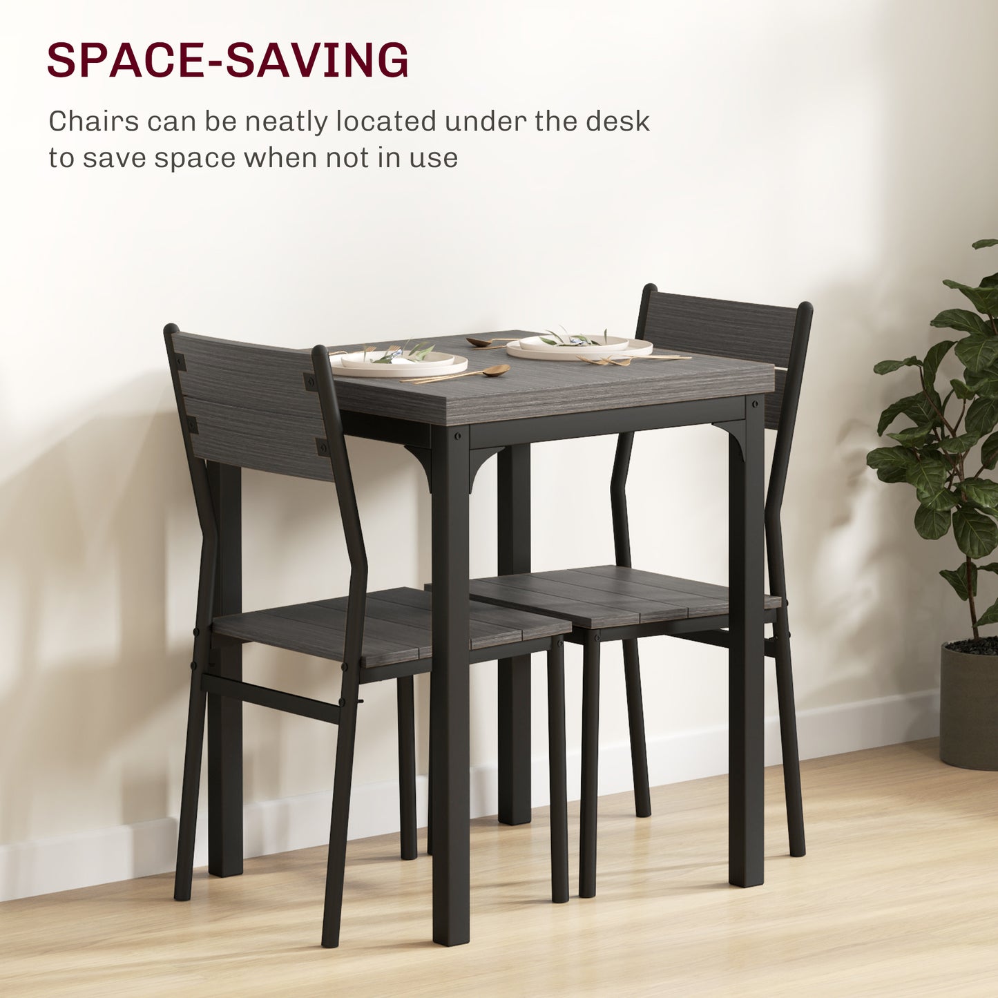 HOMCOM Three Piece Minimal Dining Set in Grey Wood Grain for Two People Compact Table and Chairs
