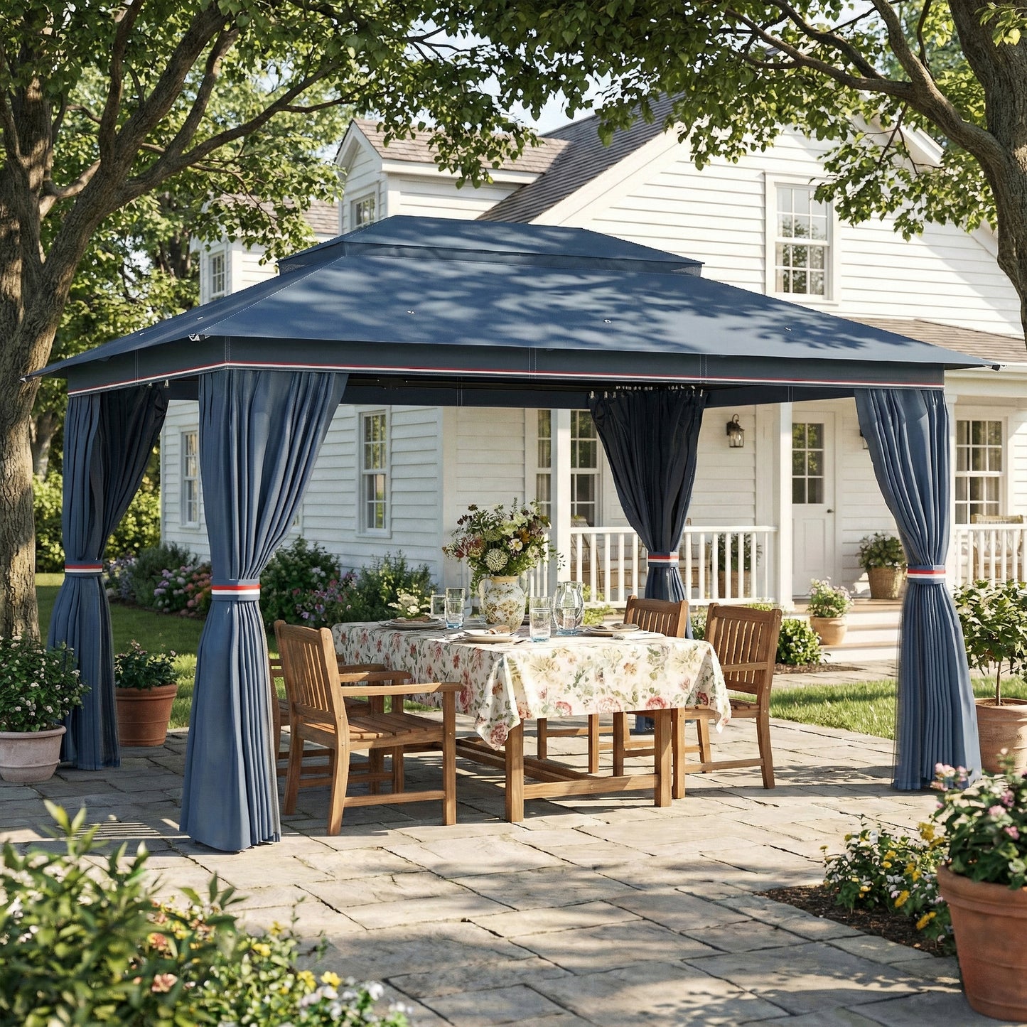 Outsunny 3 x 4 m Outdoor Garden Gazebo With Netting And Curtains UPF50 Plus Patio Permanent Pavilion Canopy Dark Blue