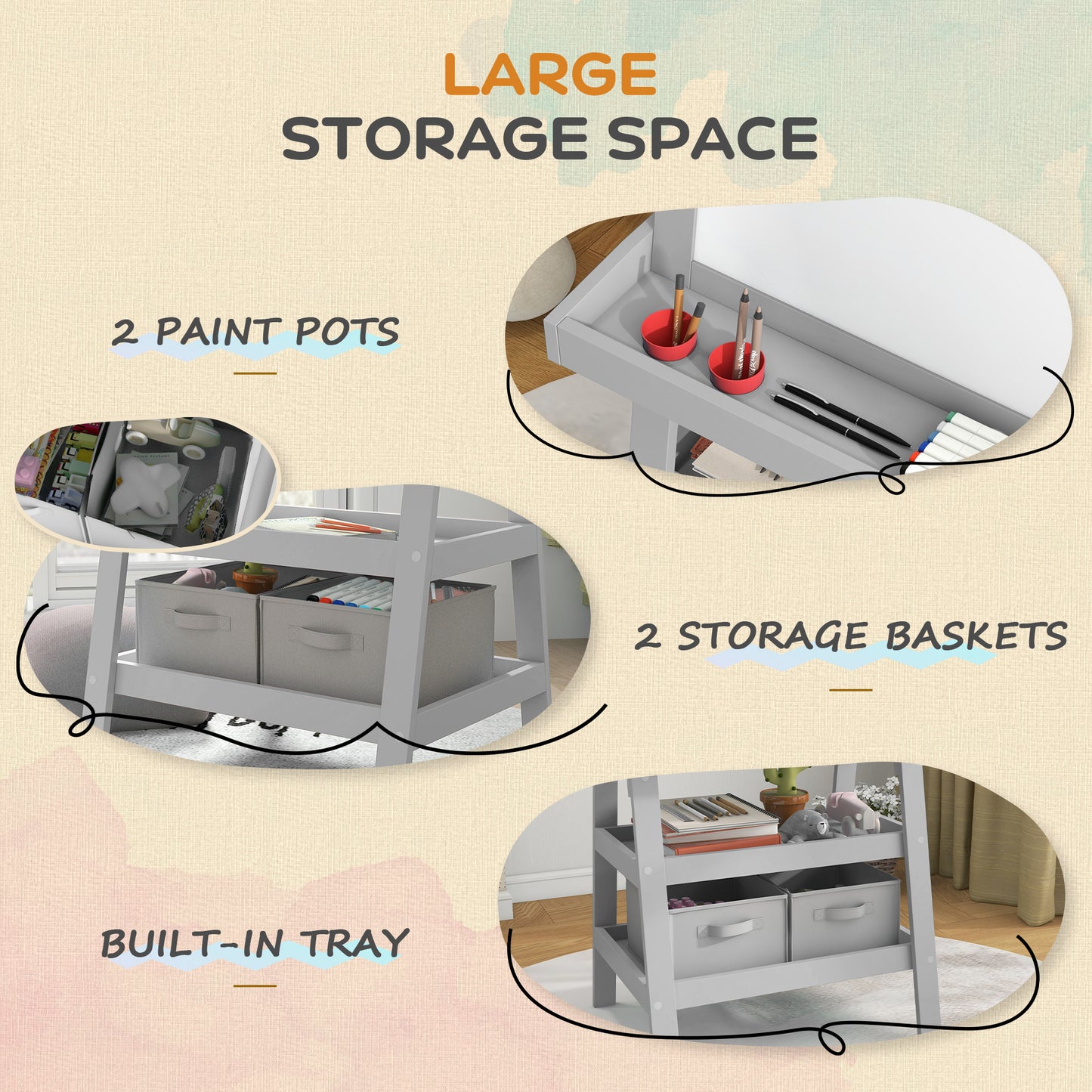 AIYAPLAY 3 in 1 Kids Easel Double Sided Magnetic Whiteboard and Chalkboard with Paper Roll and Storage Baskets Grey