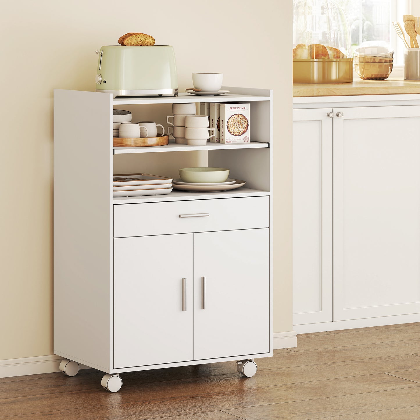 Homcom Kitchen Trolley With Wheels Mobile Microwave Stand With Slide Out Shelf Drawer And Two Doors For Dining Room