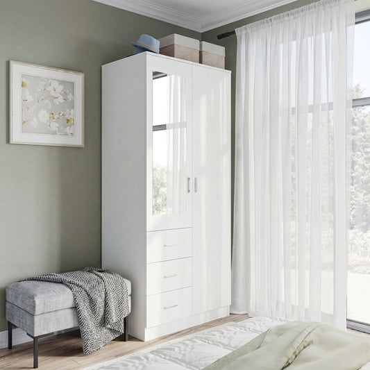 HOMCOM Two Door Three Drawer Mirrored Wardrobe With Hanging Rail And Adjustable Shelves White 80 Cm By 50 Cm By 180 Cm