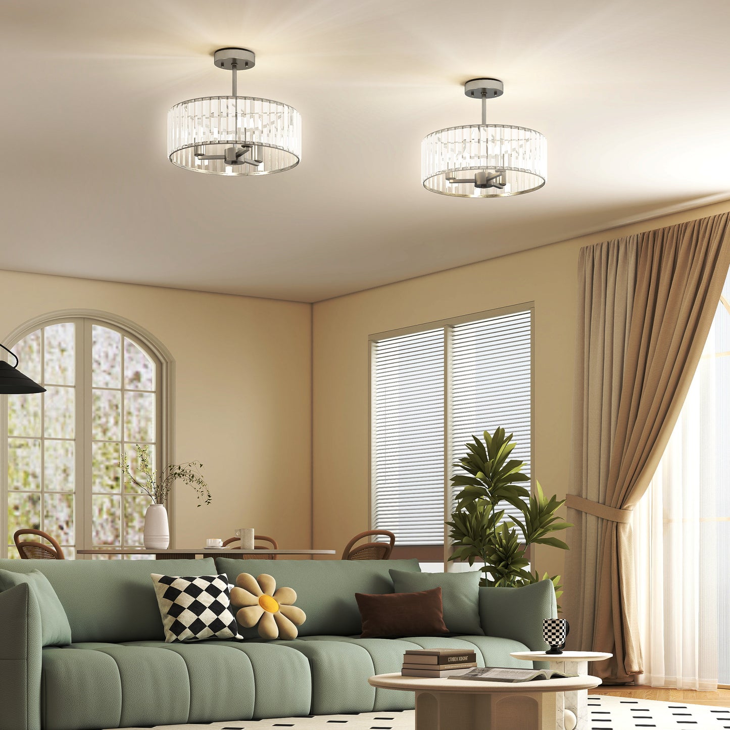 HOMCOM Crystal Ceiling Light Fixture Set of 2 Semi Flush Mount Modern Chandelier with 3 Lights E14 Base Silver Tone