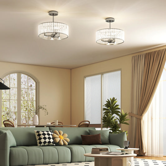 HOMCOM Crystal Ceiling Light Fixture Set of 2 Semi Flush Mount Modern Chandelier with 3 Lights E14 Base Silver Tone