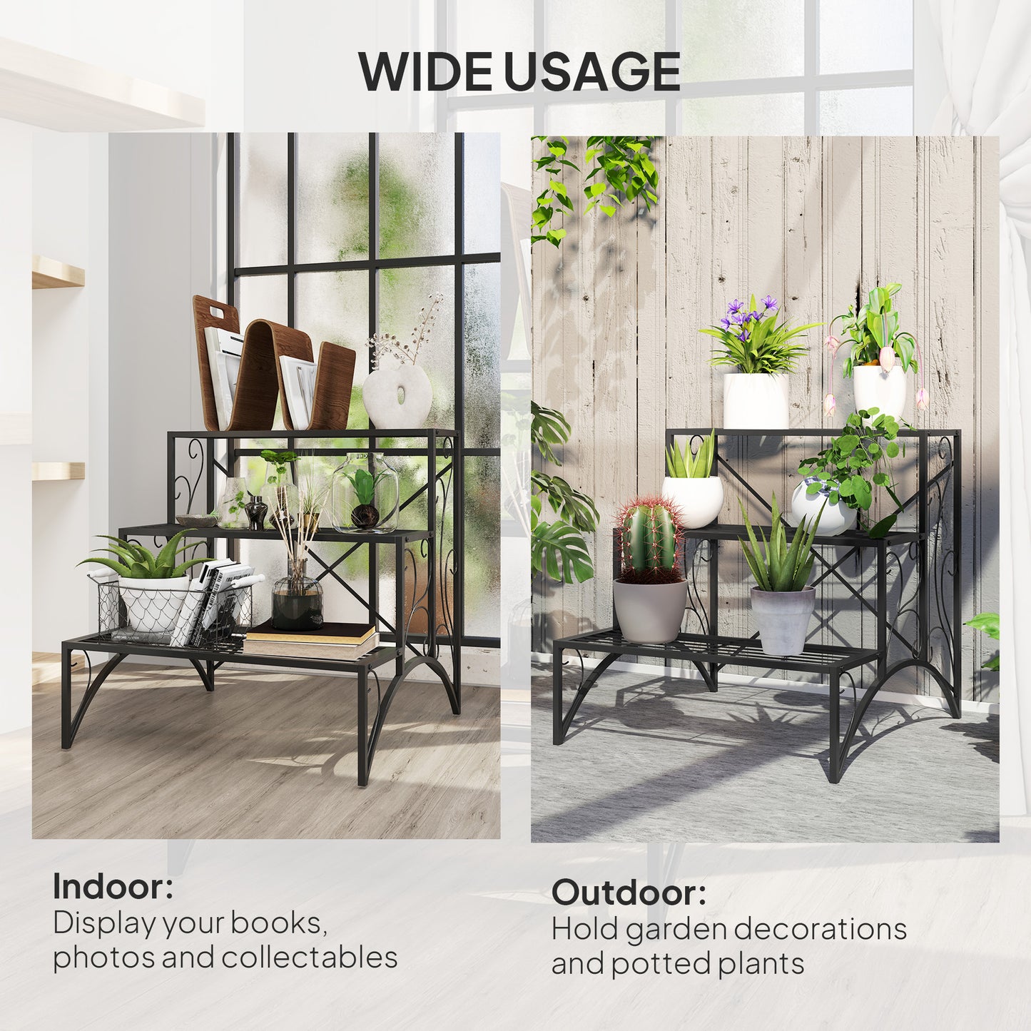 Outsunny Three Tier Decorative Metal Plant Stand Black Indoor Outdoor Garden Display
