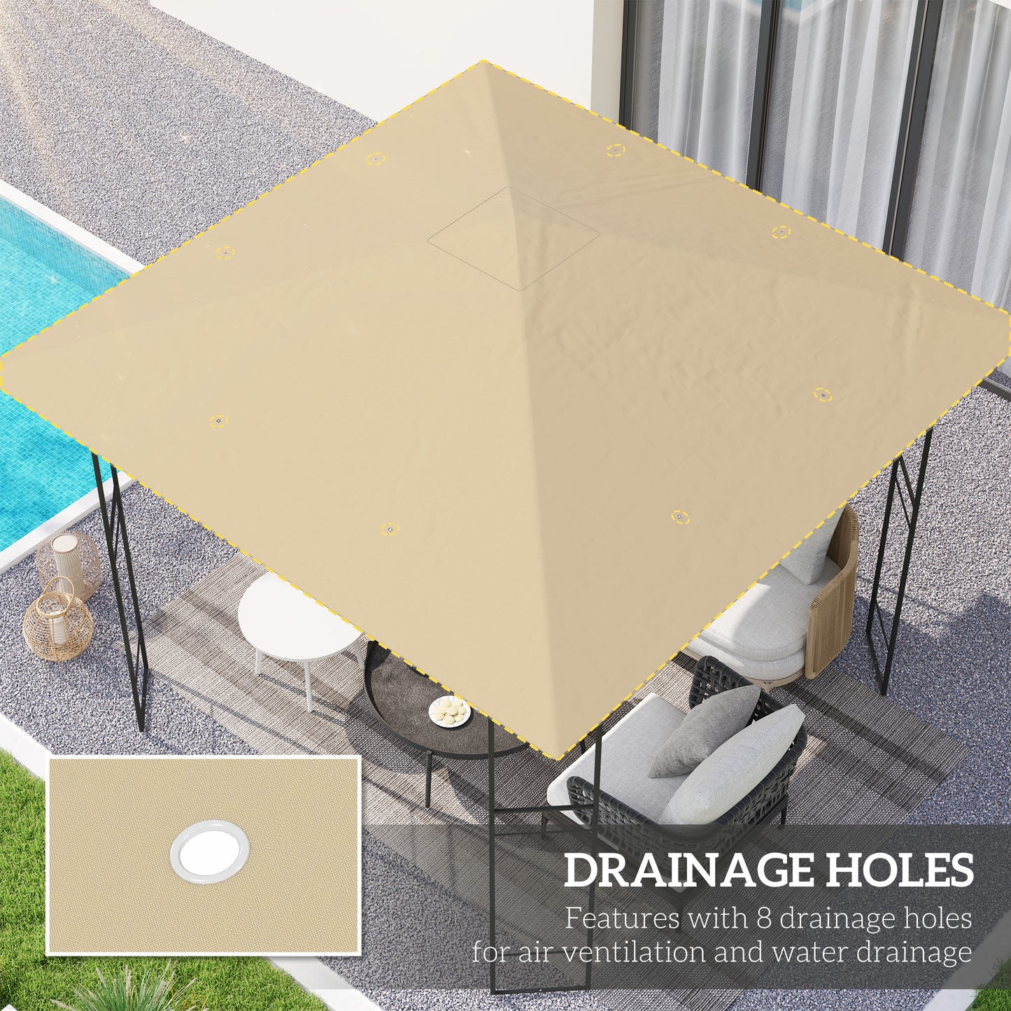 Outsunny 3x3m Gazebo Replacement Canopy Top Beige With Drain Holes UPF30 Water Resistant PVC Coating Top Cover Only