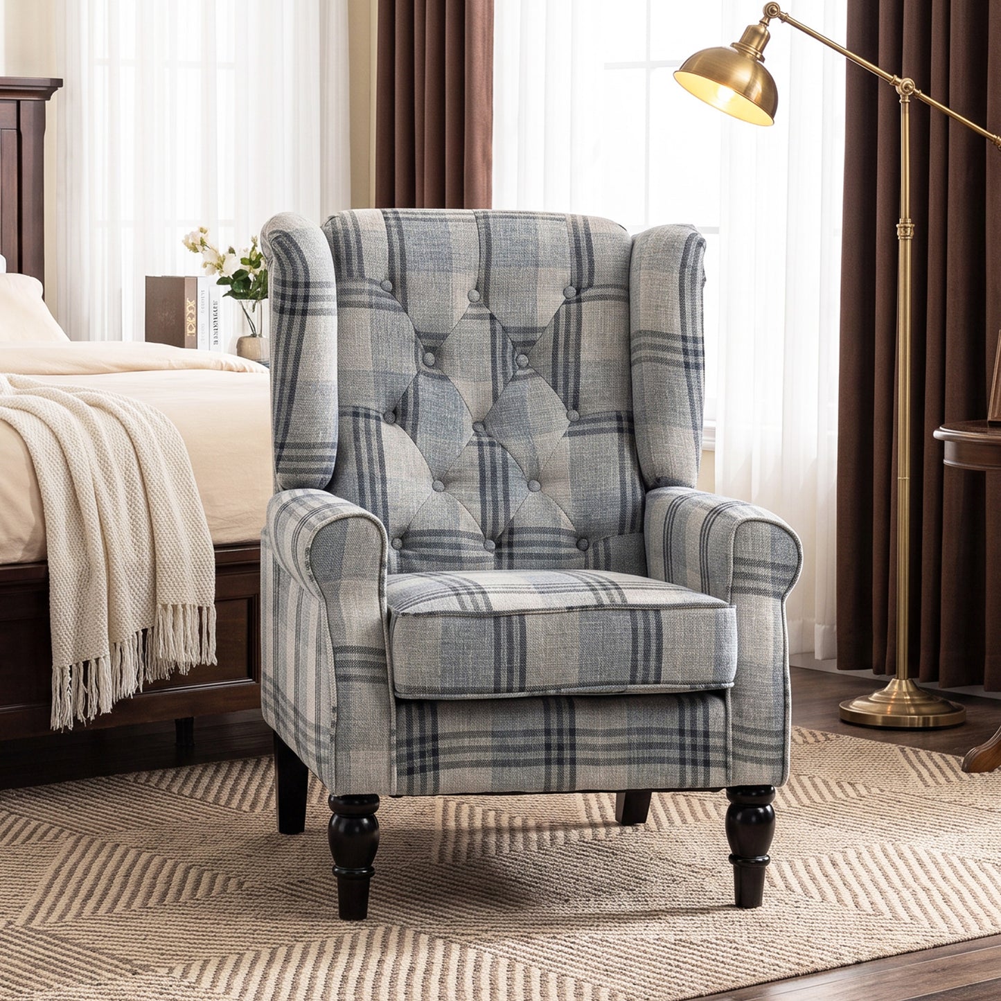 Homcom Plaid Wingback Accent Chair With Tufted High Back And Wood Legs