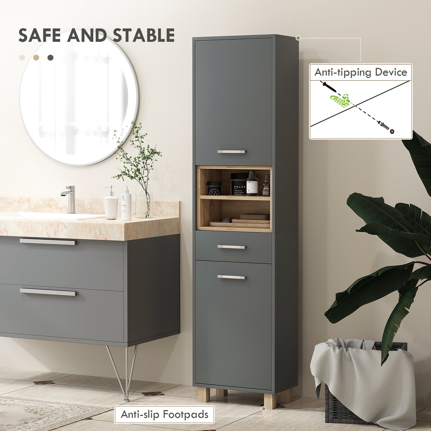HOMCOM Tall Bathroom Storage Cabinet With MDF Triamine Board And Waterproof Sticker Matte Grey