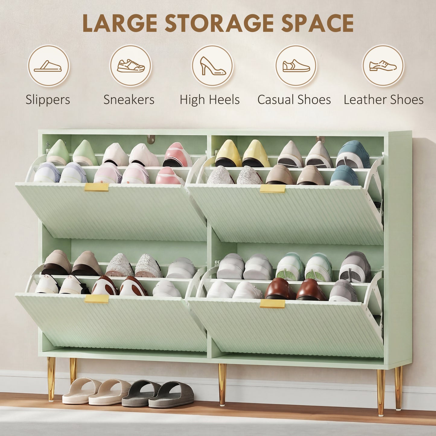 HOMCOM Elegant Four Drawer Shoe Cabinet in Light Green with Ridged Doors and Gold Accents Holds 10 to 20 Pairs