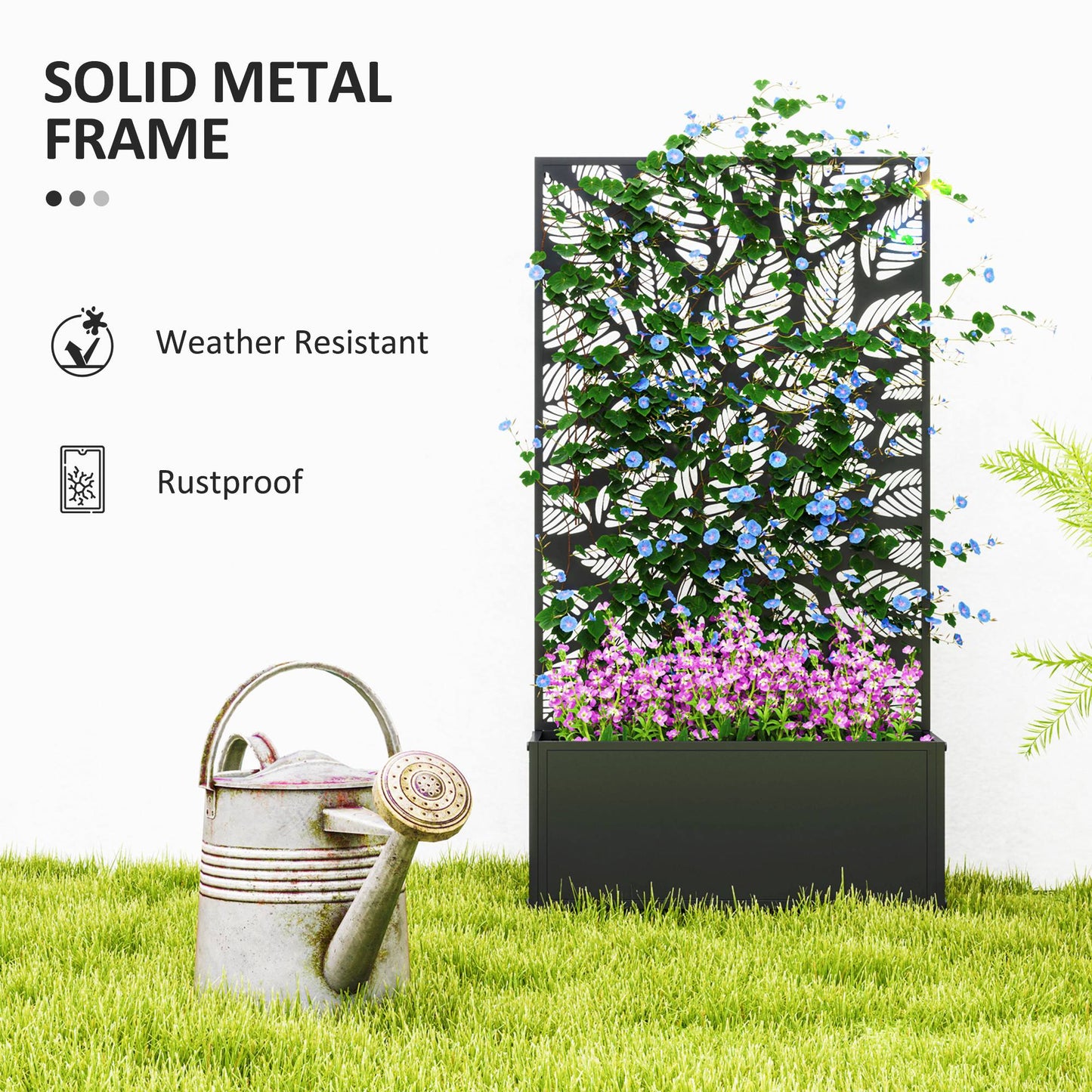 Outsunny Outdoor Metal Planter With Back Trellis Black Powder Coated Garden Box 32L