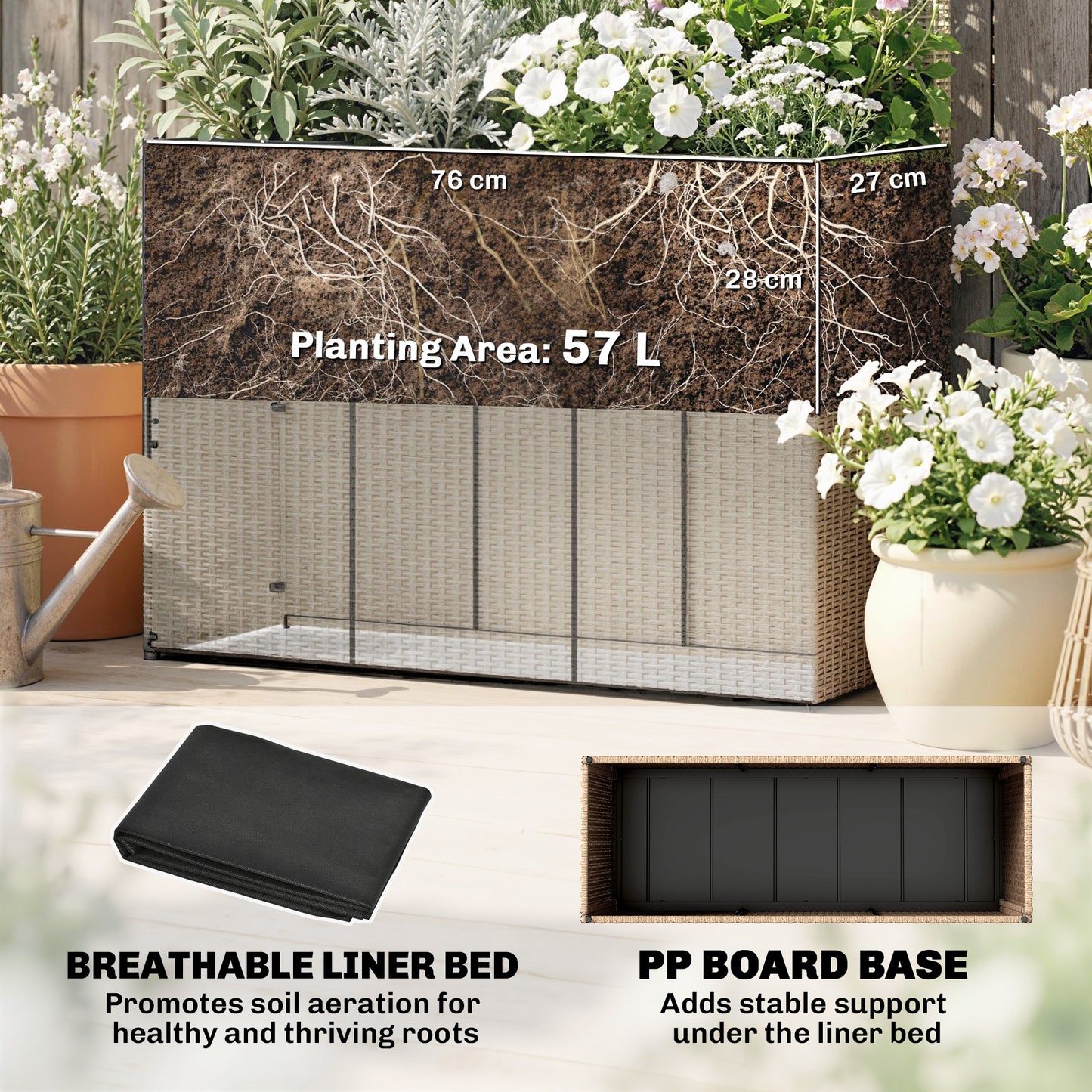 Outsunny Rattan Planter With Trellis Raised Bed For Garden With Liner Climbing Plants Vegetables Flowers Light Grey
