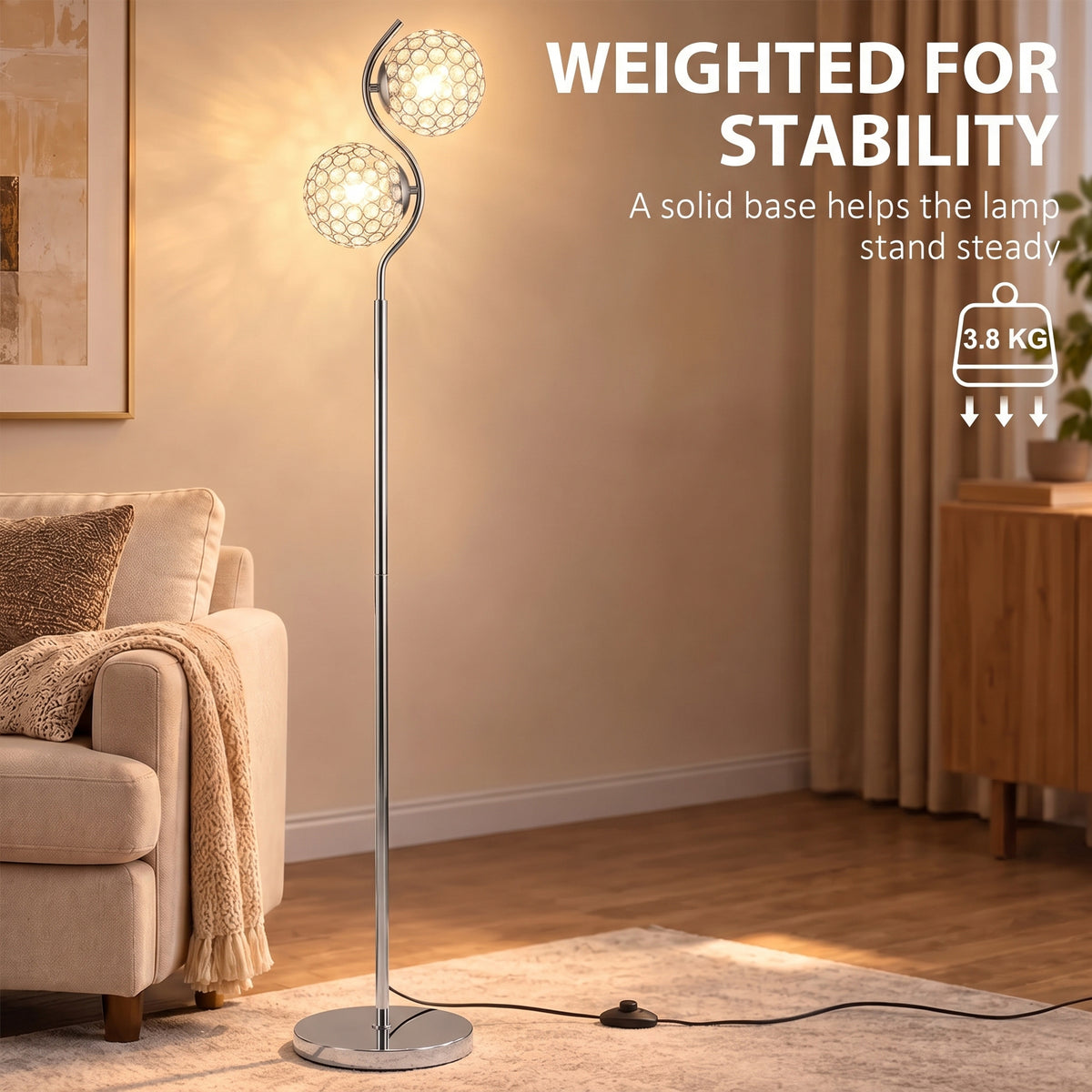 Tall silver dual-head floor lamp with two crystal globe shades and a round base.