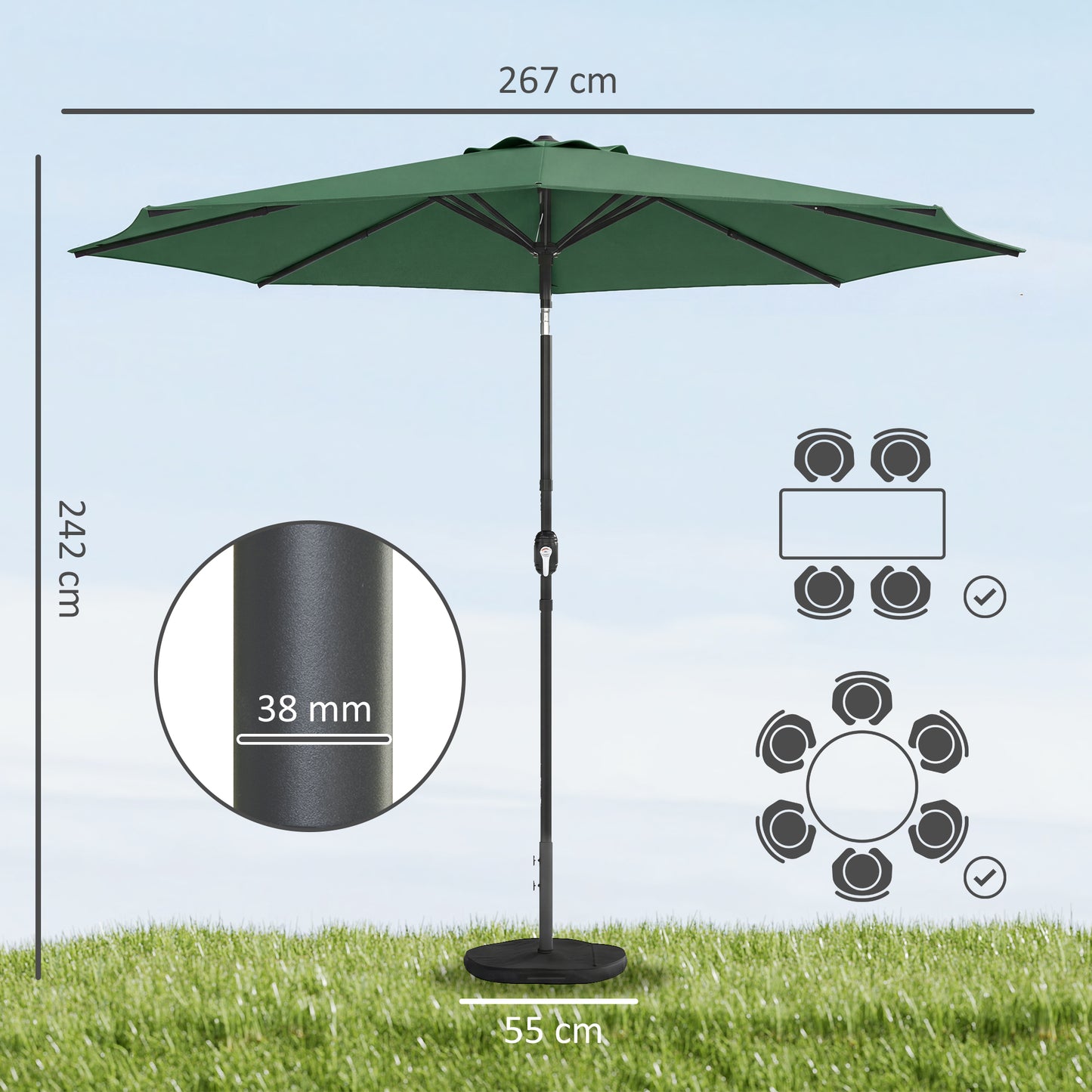 Outsunny 2.7 M Garden Parasol Umbrella With Cross Base And Sandbag Retractable Ribs Outdoor Table Market Umbrella Green