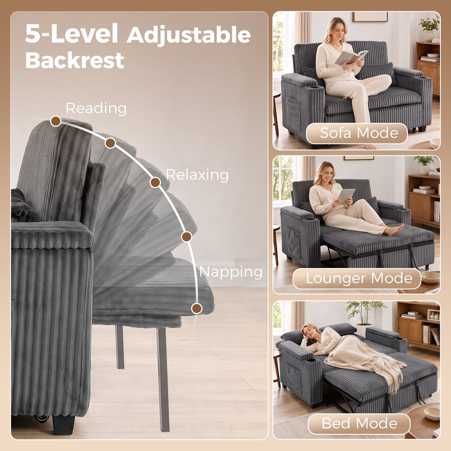HOMCOM 2 Seater Sofa Bed Pull Out Sleeper With Adjustable Backrest And Storage
