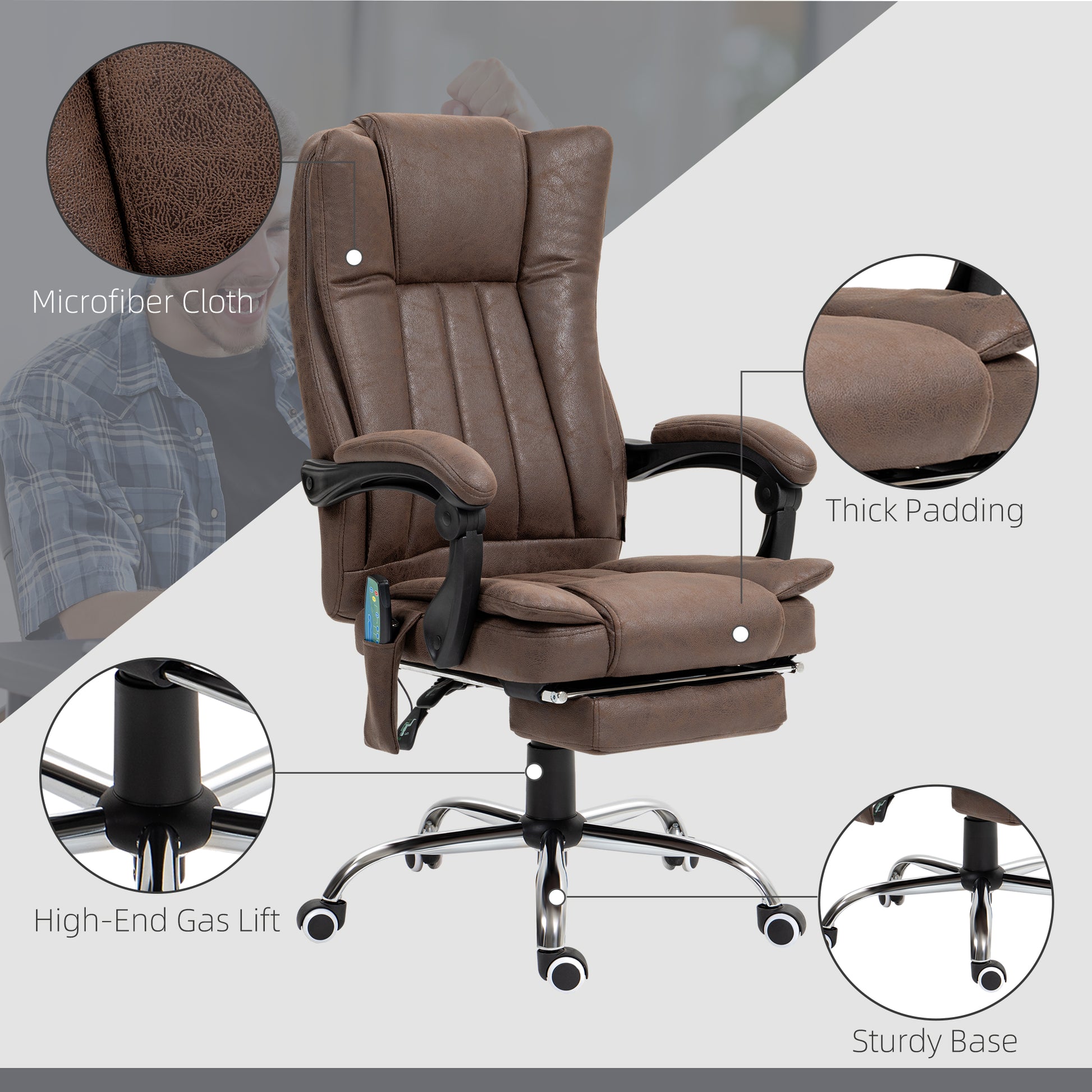 Vinsetto Heated Vibrating Massage Desk Chair with Adjustable Height and Footrest, Chocolate Brown - ALL4U RETAILER LTD