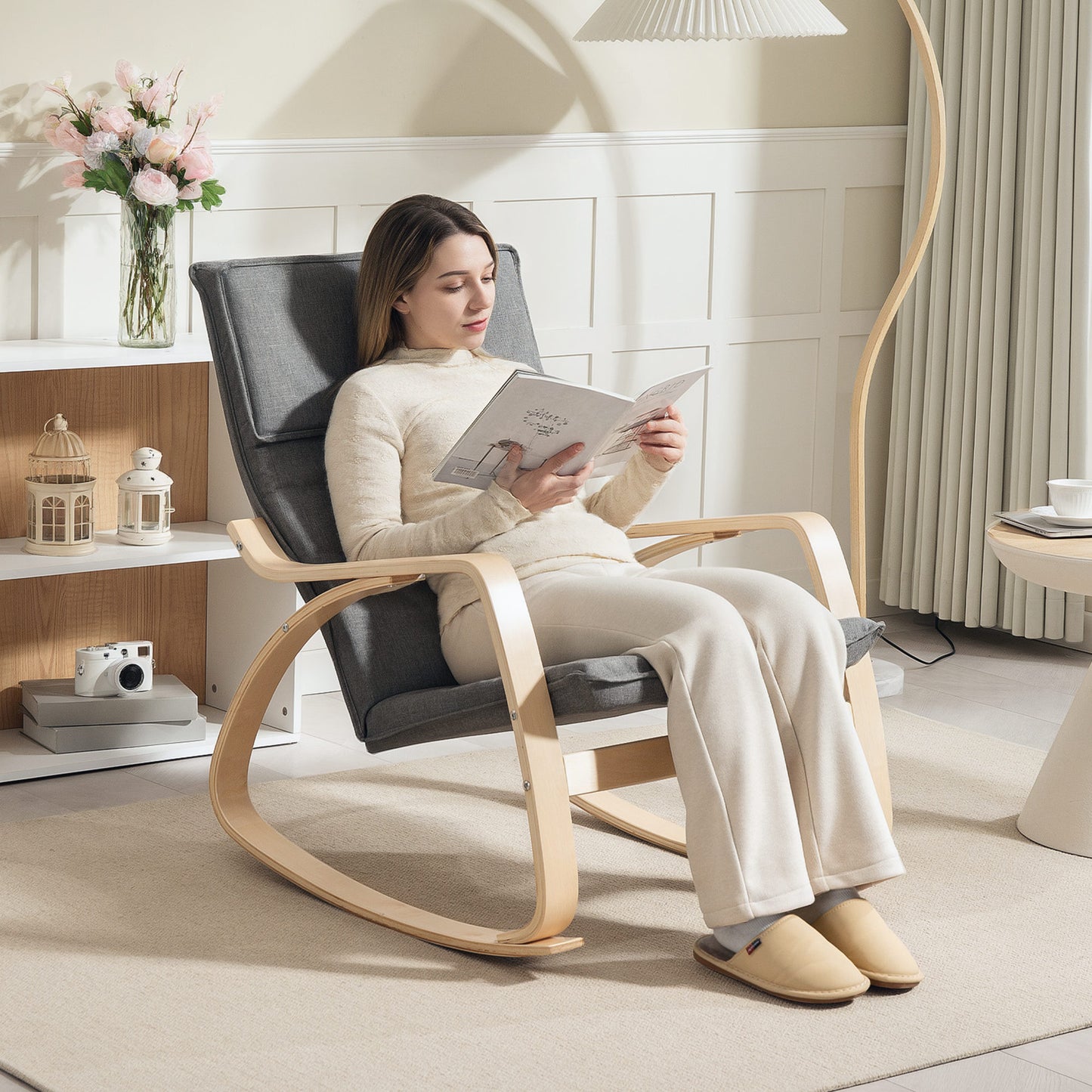 HOMCOM Comfortable Rocking Chair Upholstered Lounge Chair Recliner With High Back And Headrest Grey