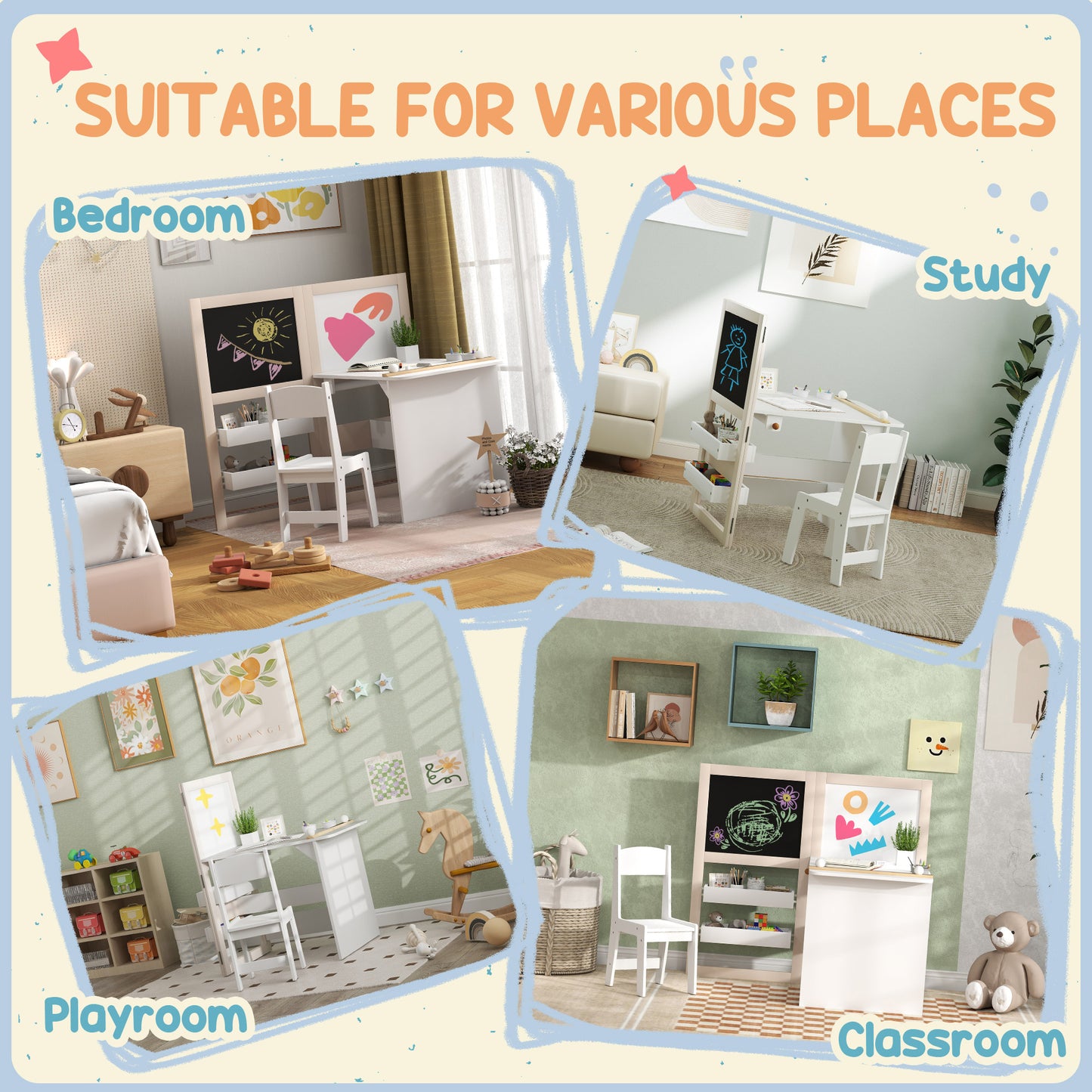 AIYAPLAY 3 In 1 Kids Table And Chair Set With Storage Whiteboard Blackboard And Roll Paper For Ages 3 To 8 White