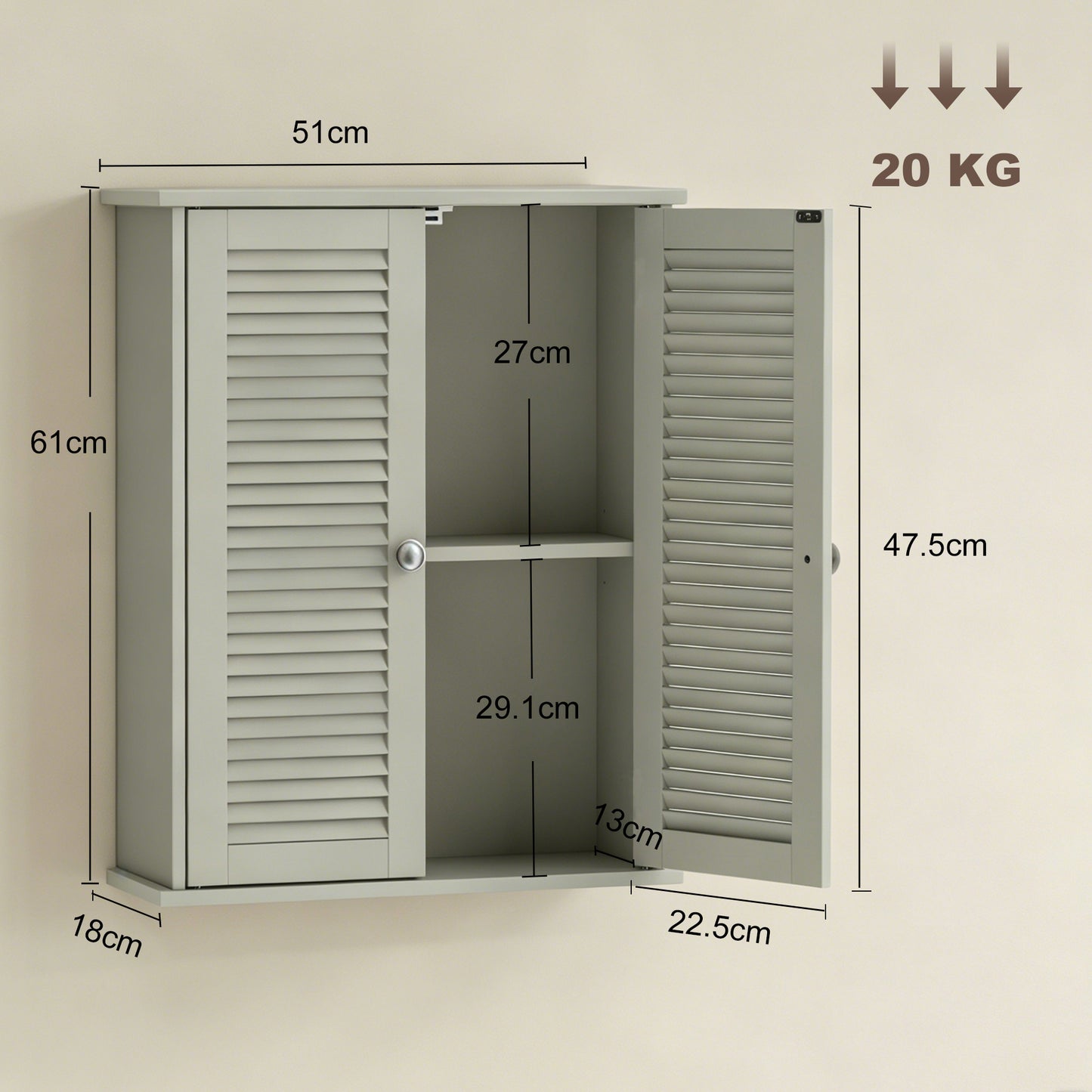 HOMCOM Bathroom Wall Cabinet With Louvered Doors And Adjustable Shelf Storage Light Green