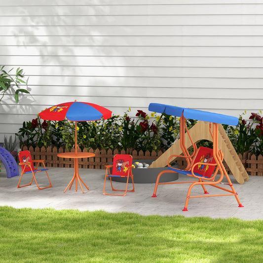 HOMCOM Cowboy-Themed 4-Piece Kids Outdoor Swing and Garden Furniture Set with Adjustable Canopy - ALL4U RETAILER LTD