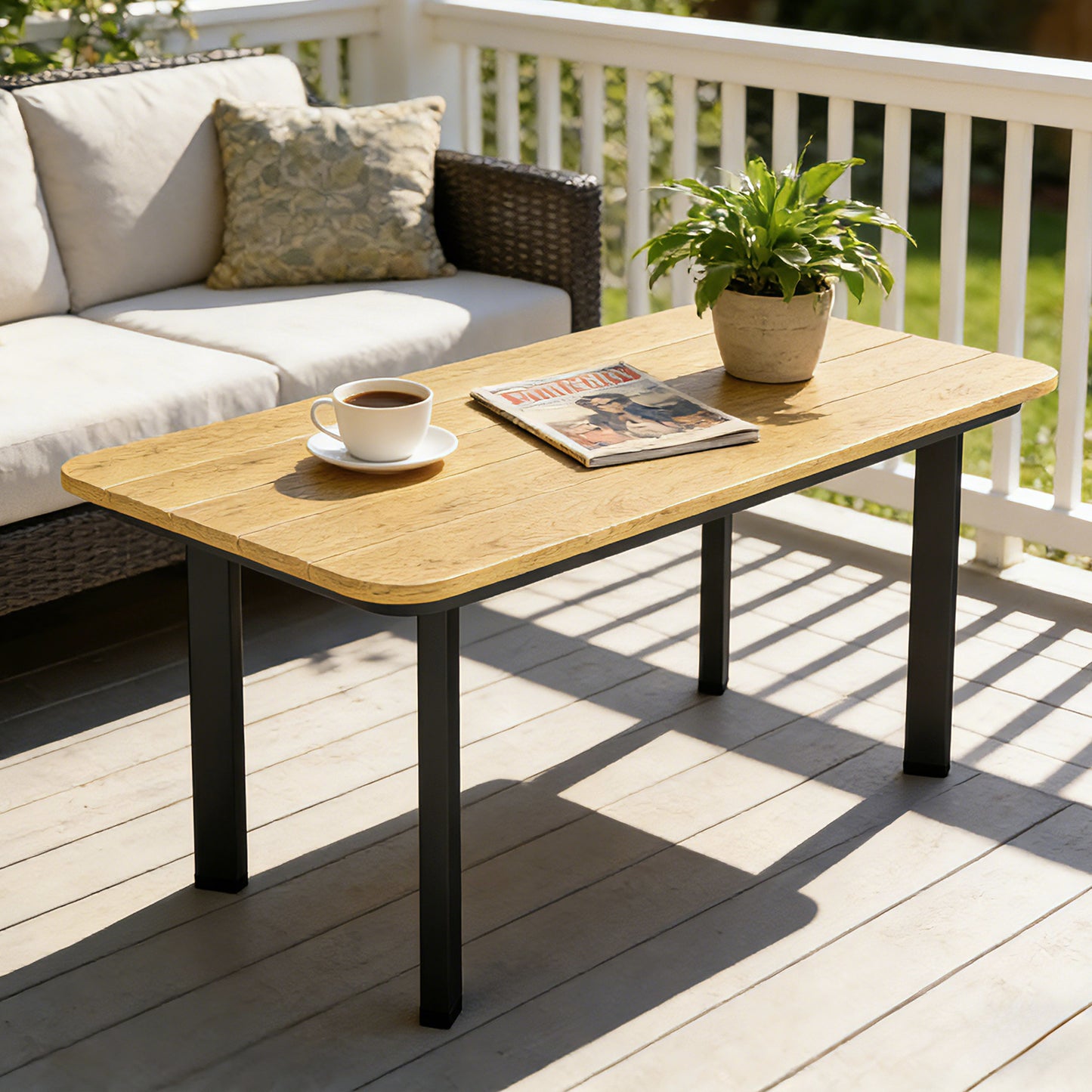 Outsunny Outdoor Garden Coffee Table With Slatted Wood Plastic Composite Top And Weather Resistant Metal Frame Brown
