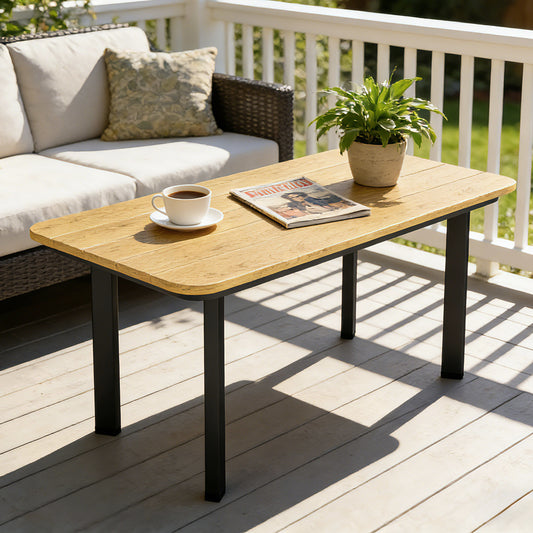 Outsunny Outdoor Garden Coffee Table With Slatted Wood Plastic Composite Top And Weather Resistant Metal Frame Brown