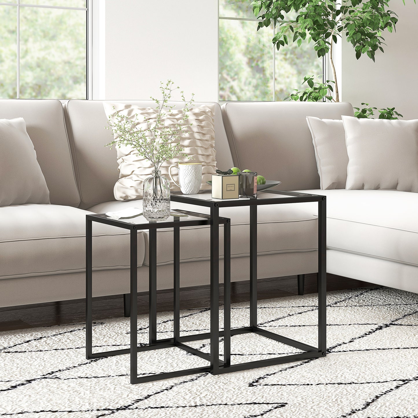 HOMCOM Nesting Tables Set of 2 With Tempered Glass Tops and Steel Frame Space Saving End Tables for Living Room Black