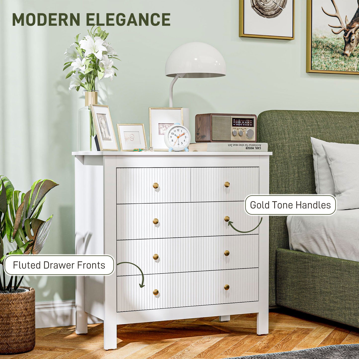 HOMCOM White Five Drawer Chest With Textured Fronts And Gold Tone Knobs For Elegant Bedroom Storage