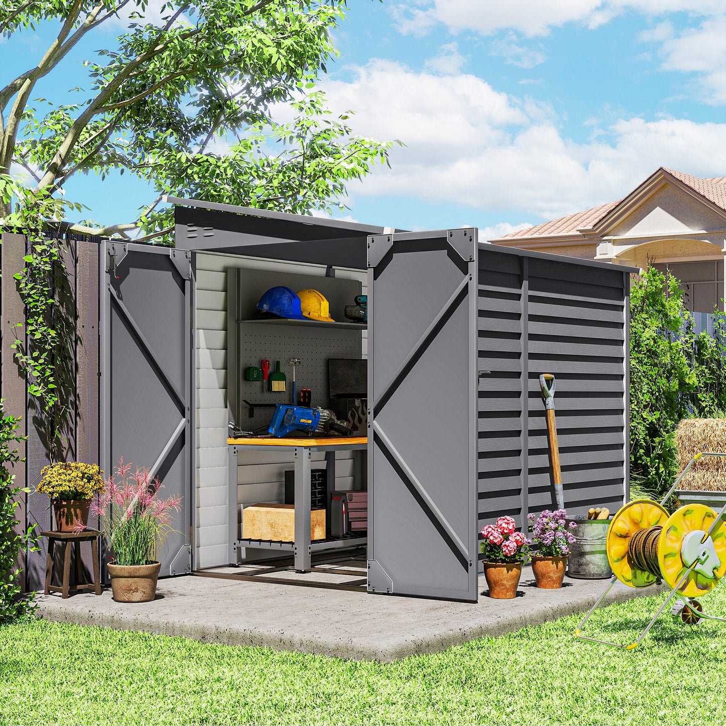 Outsunny 5x9ft Galvanised Metal Garden Shed With Foundation Kit Lean To Lockable Doors Gloves And 2 Air Vents Grey