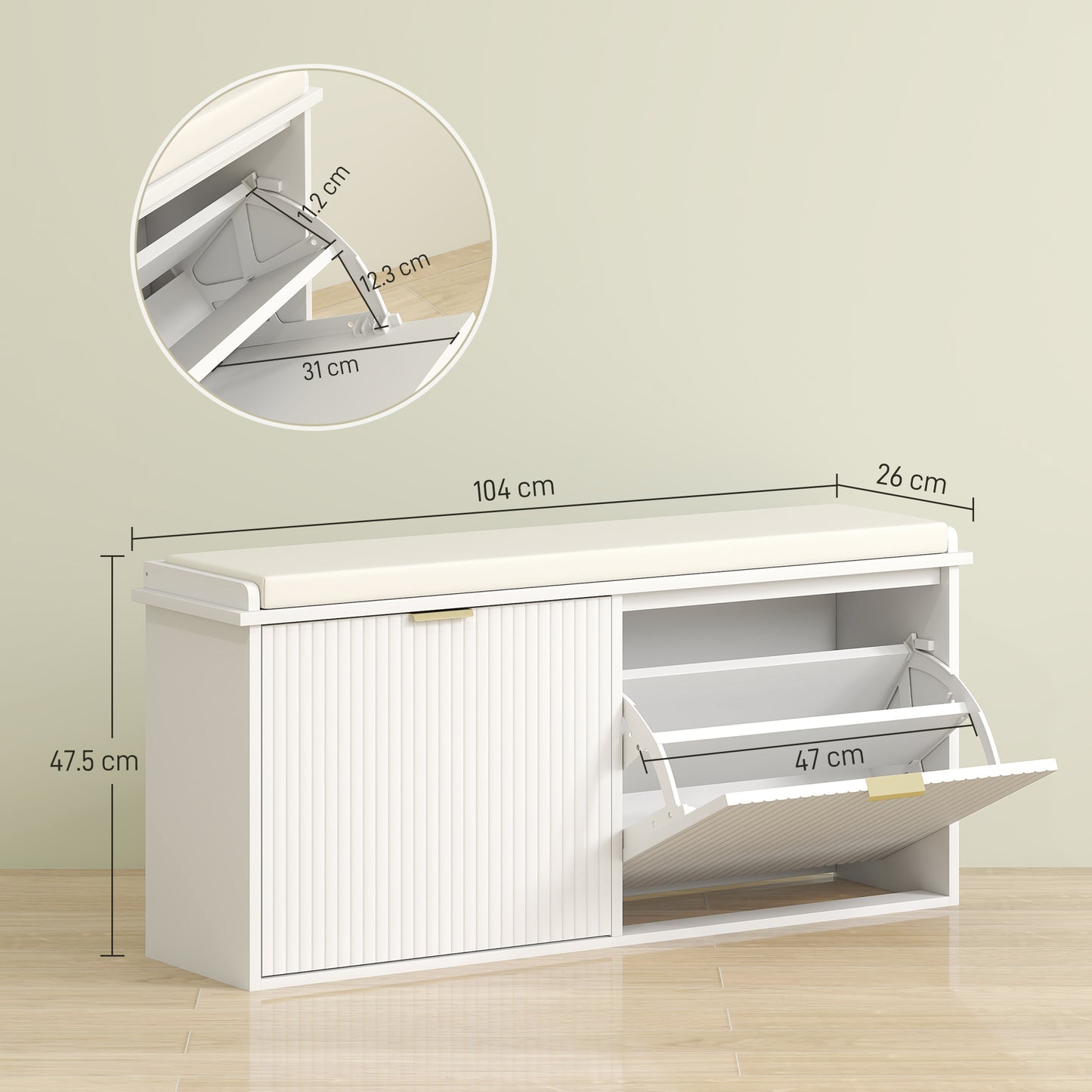 HOMCOM White Shoe Bench With Top Seat And Flip Drawer 240 Kg Capacity Linen Feel Cushion