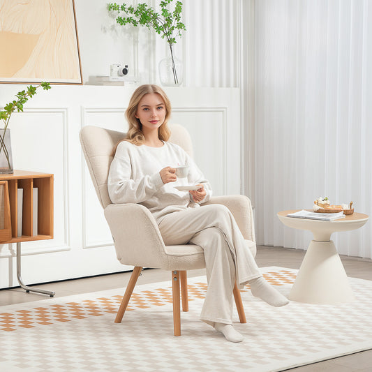 HOMCOM Modern Accent Chair Upholstered High Back Armchair Tufted Wingback Teddy Fleece Wood Legs Cream White