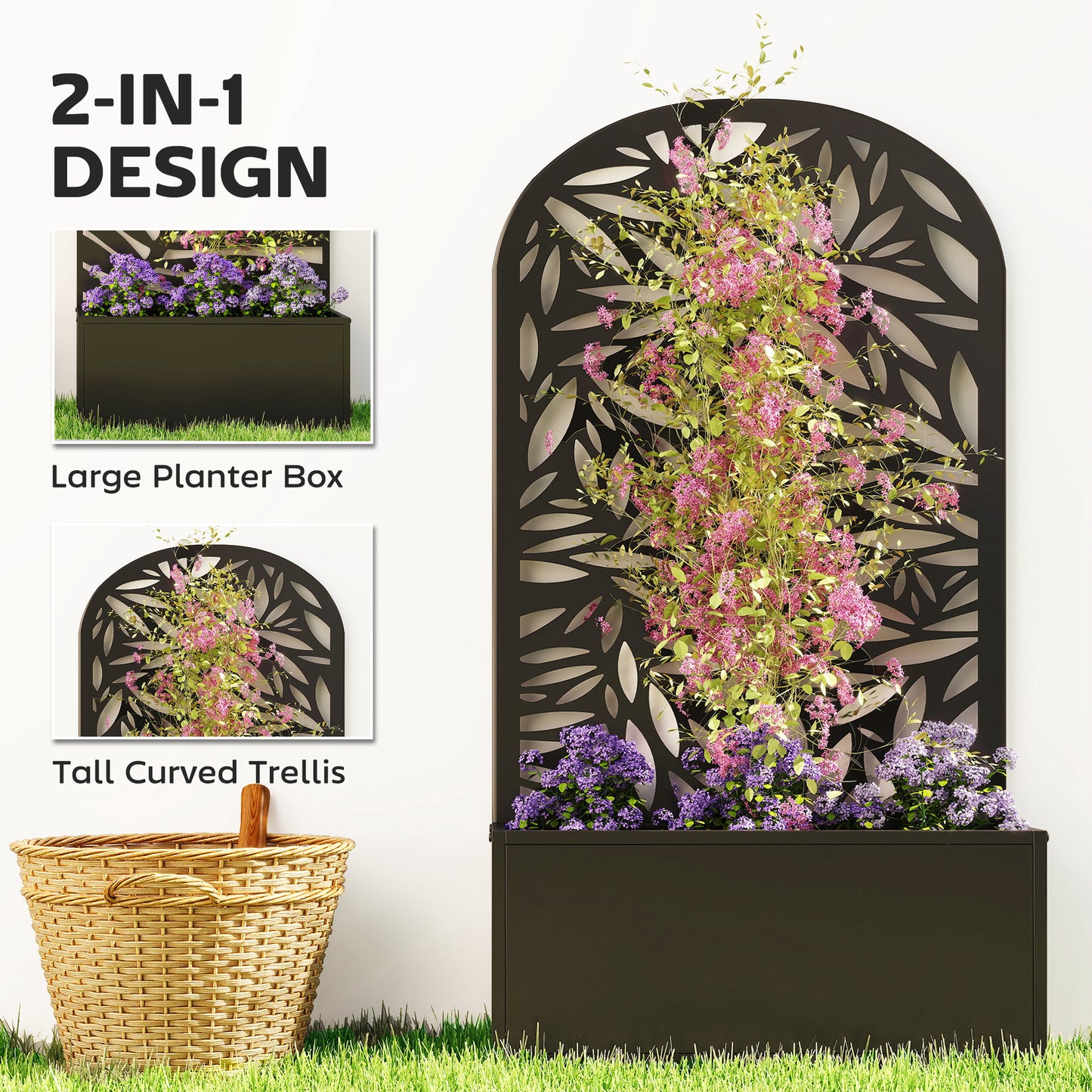 Outsunny Metal Garden Bed With Trellis, Wall Mounted Or Freestanding Raised Planter, Curved Privacy Screen