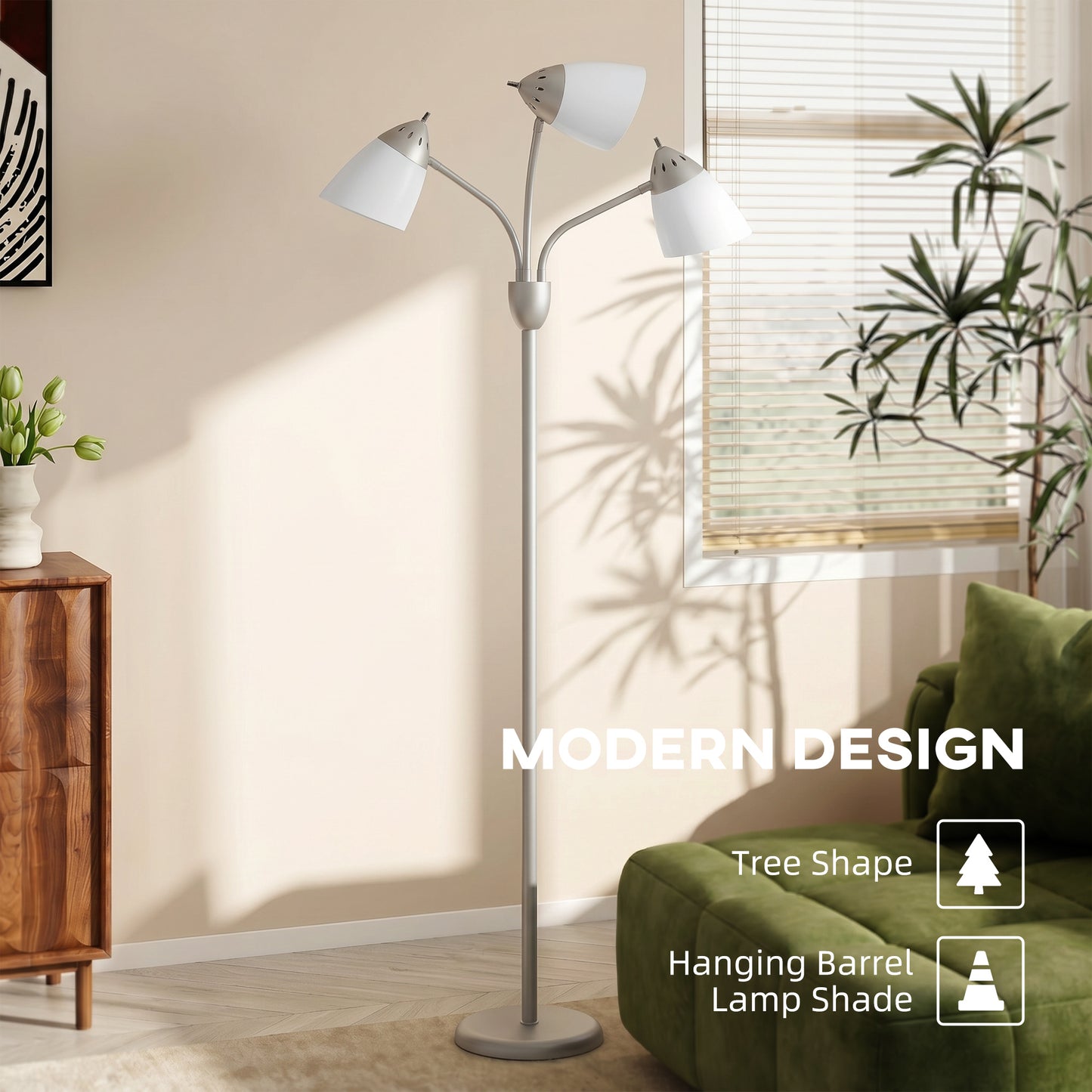 HOMCOM Arc Tree Floor Lamp With Three Adjustable Rotating Lights Industrial Standing Lamp Steel Frame Silver Tone