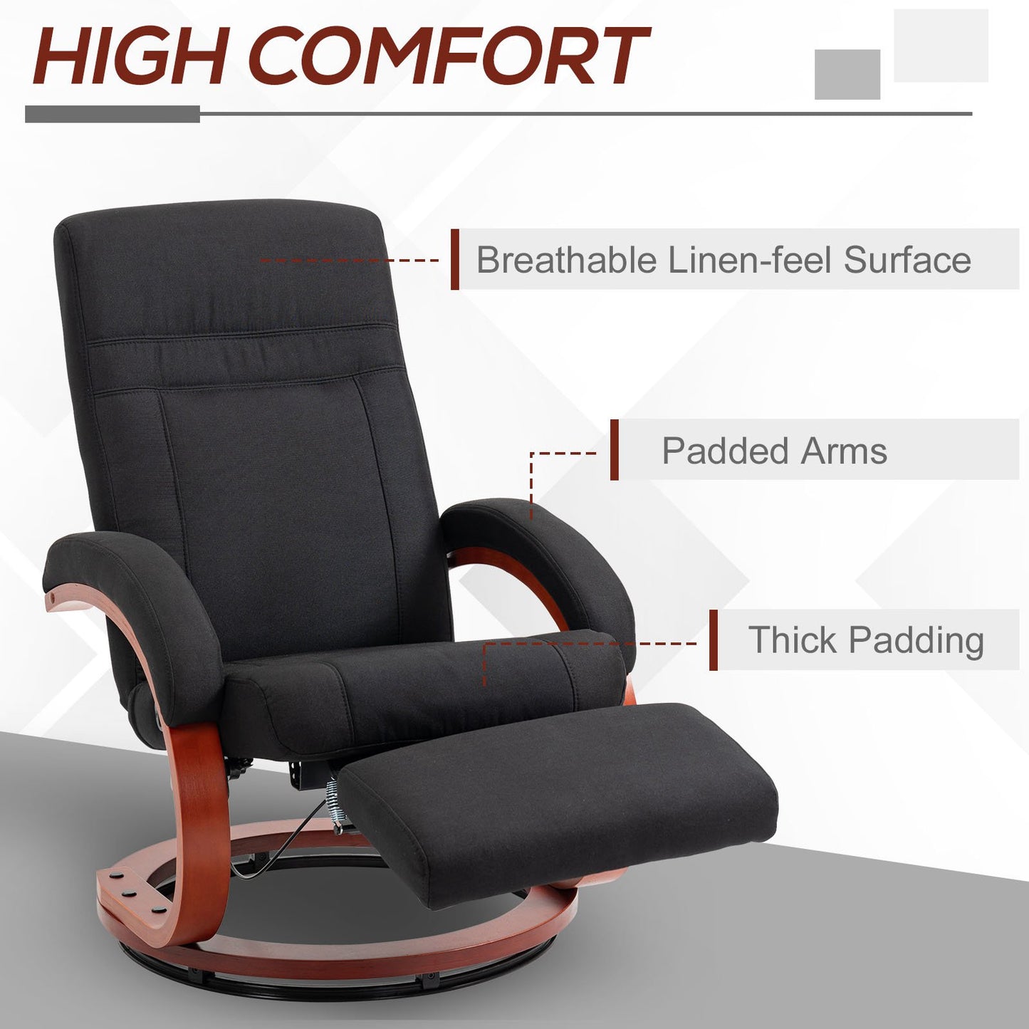HOMCOM 135 Degree Manual Reclining Swivel Chair With Footrest Black For Office And Living Room