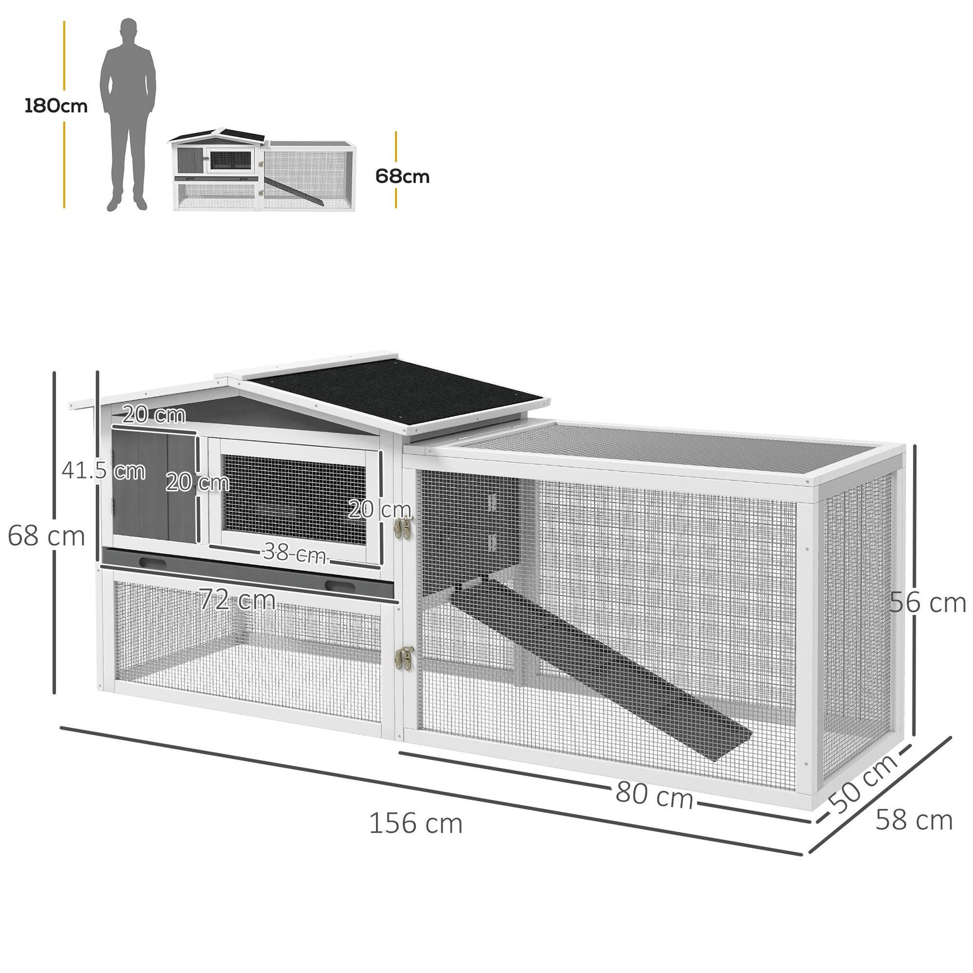 PawHut Rabbit Hutch and Run Outdoor w/ Sliding Tray Hay Rack Ramp, 156x58x68cm - ALL4U RETAILER LTD