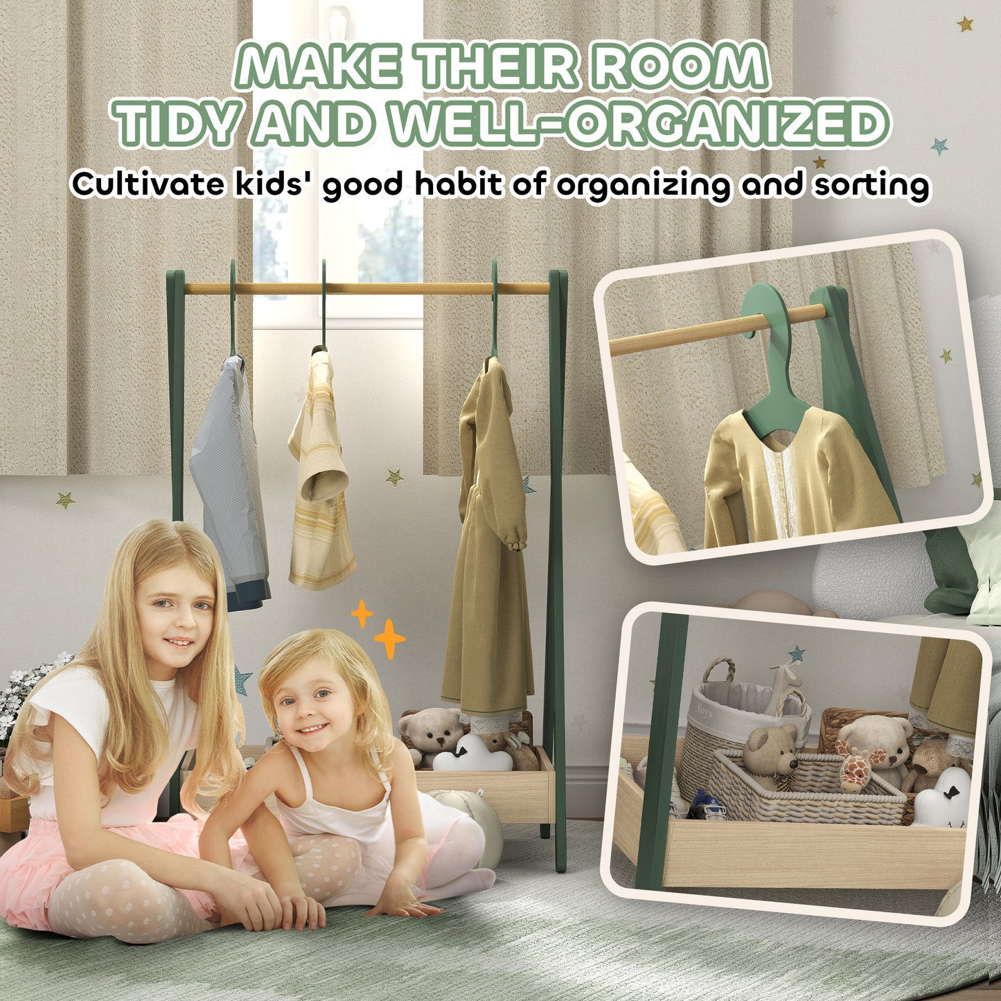 AIYAPLAY Kids Clothes Rail With Three Hangers And Bottom Storage Shelf For Girls And Boys Nursery Bedroom Green