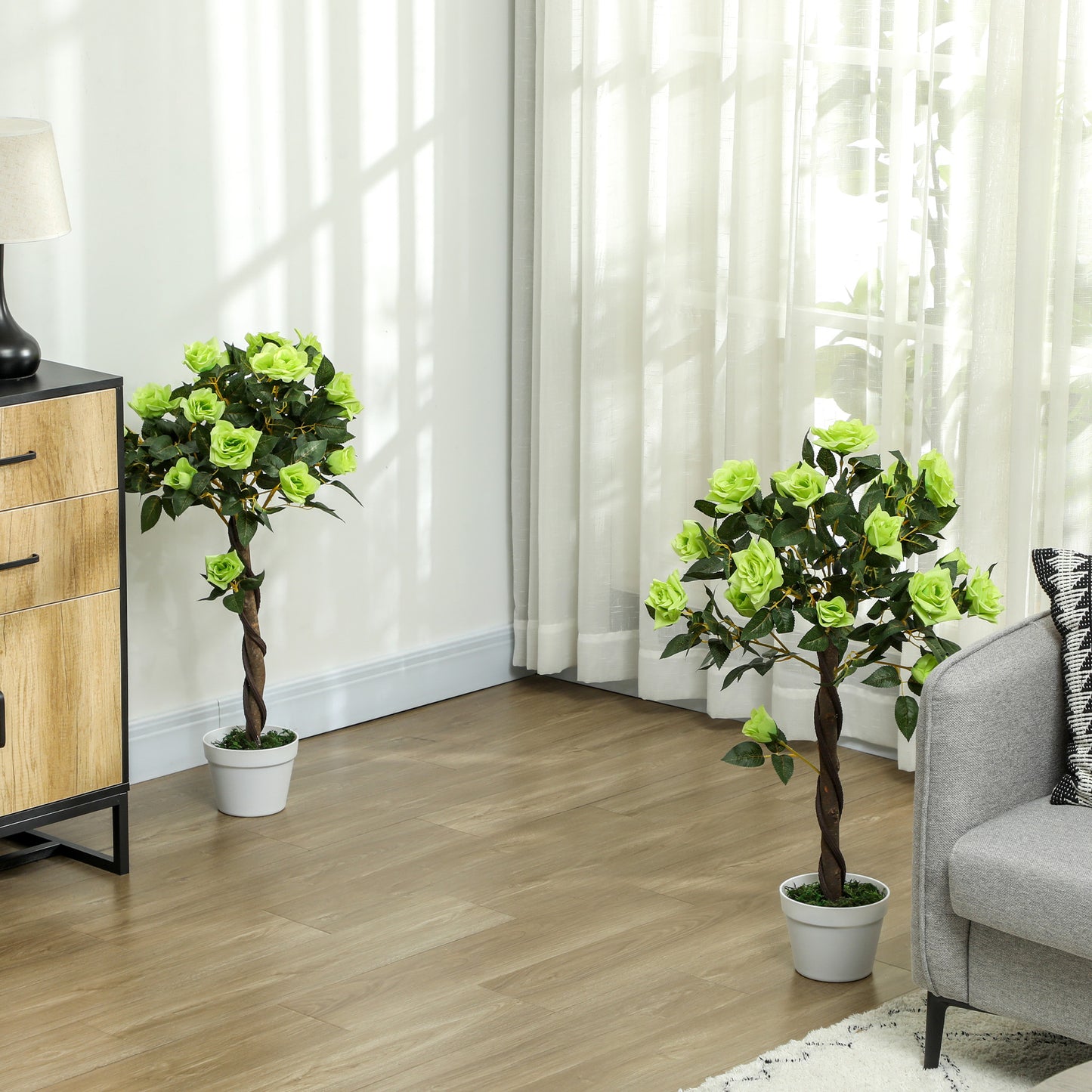Outsunny Two Faux Rose Trees Indoor Decorative Plants Realistic Artificial Rose Trees Green Set For Living Room