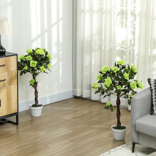 Outsunny Two Faux Rose Trees Indoor Decorative Plants Realistic Artificial Rose Trees Green Set For Living Room