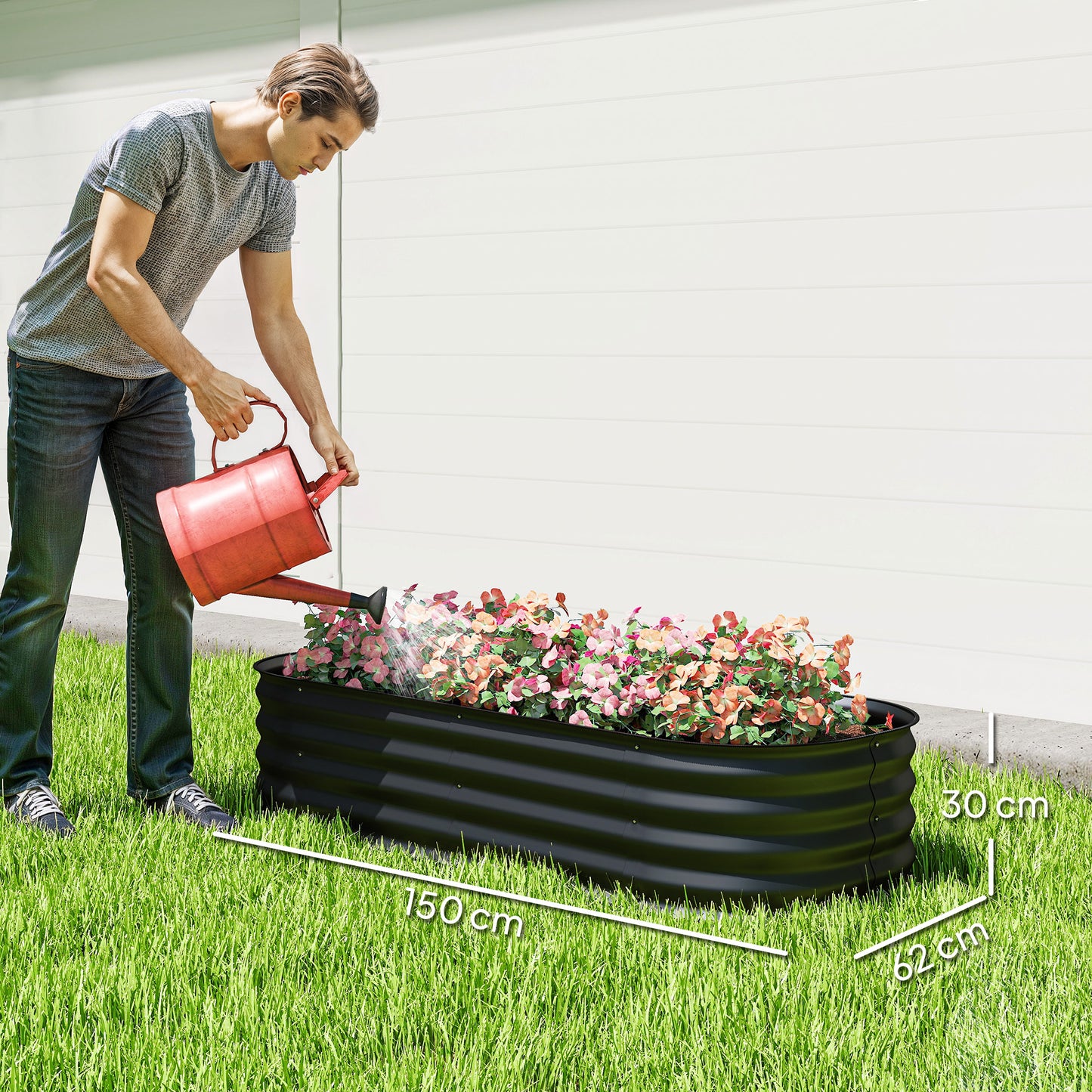 Outsunny Galvanised Raised Garden Bed Metal Planter Box With Safety Edging For Flowers Herbs And Succulents Black