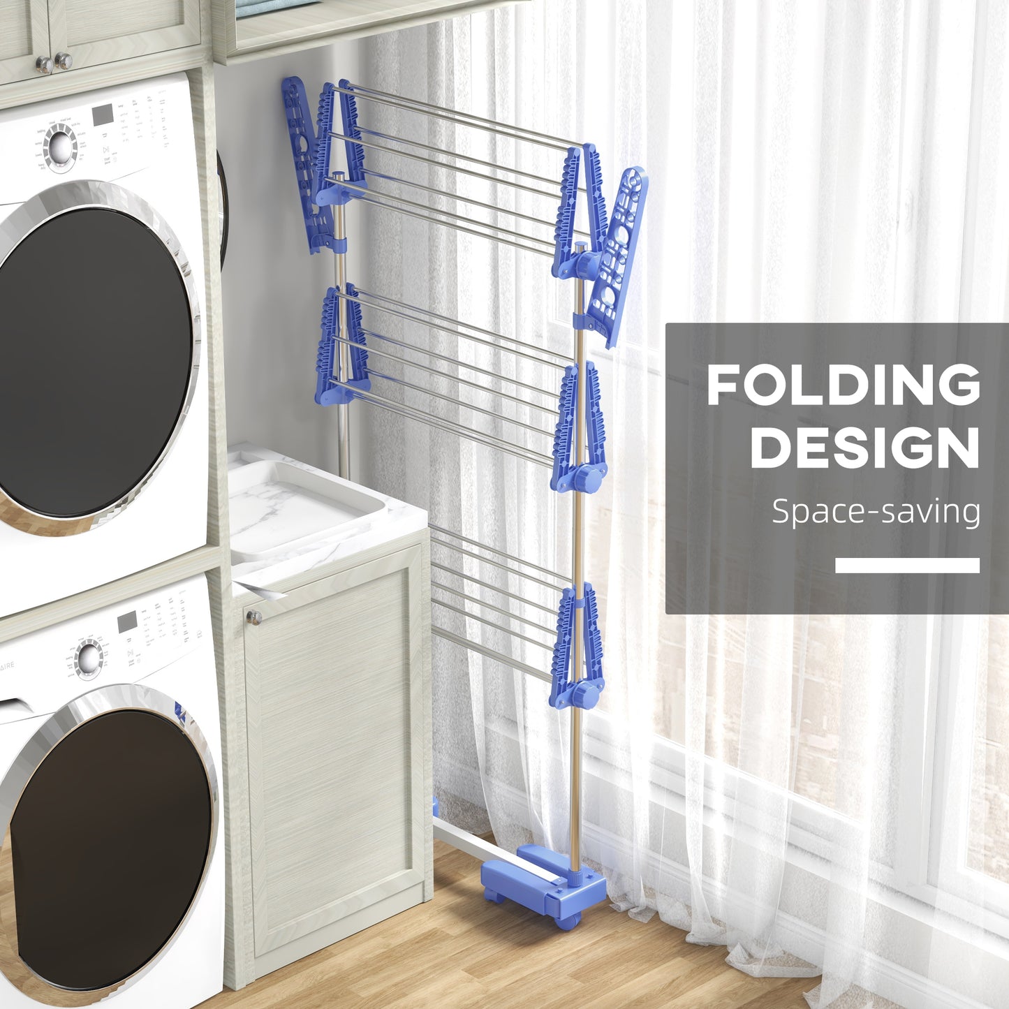 HOMCOM Three Shelf Collapsible Clothes Horse With Side Arms And Wheels In Blue For Easy Drying