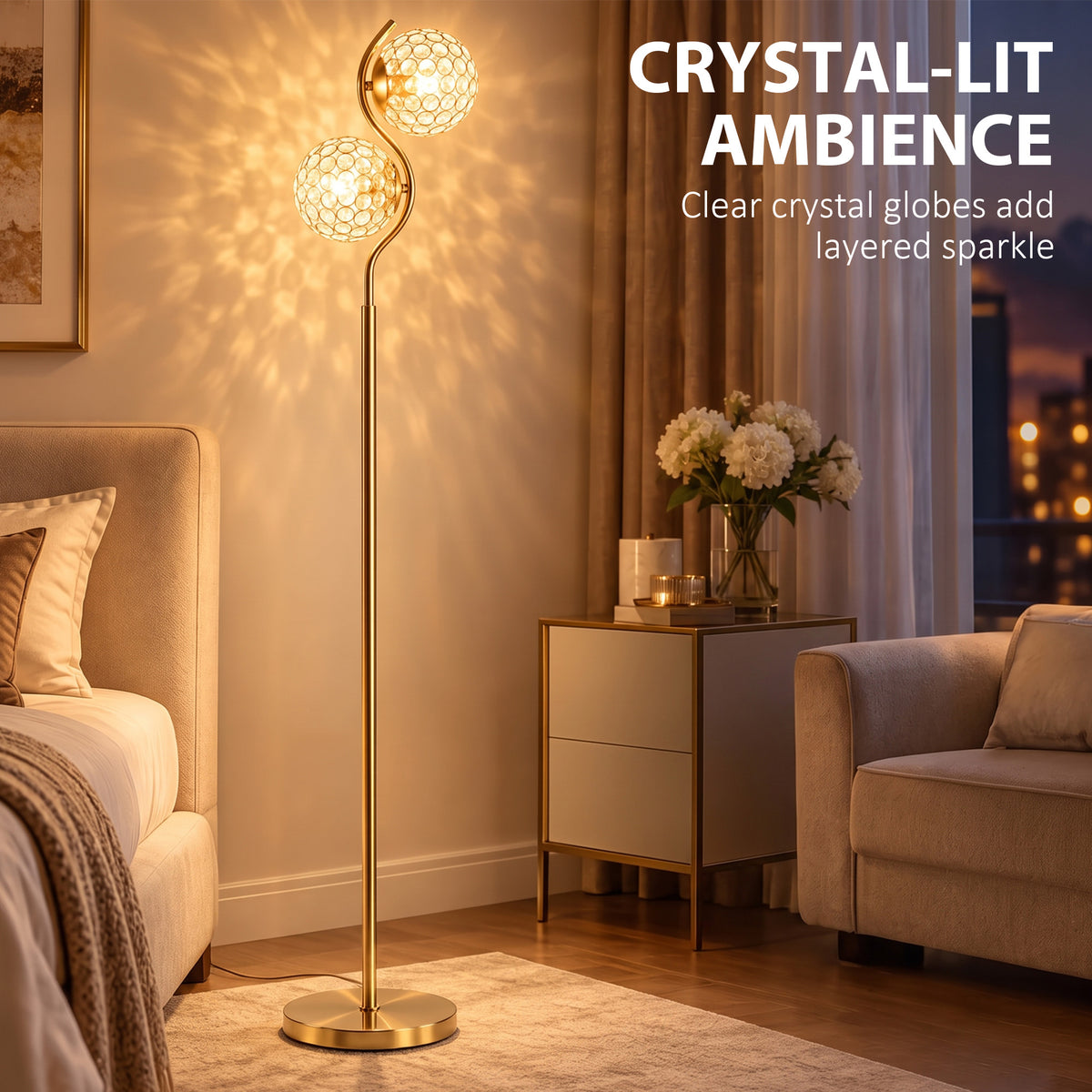 Dual head floor lamp with clear crystal globe shades and gold standing base