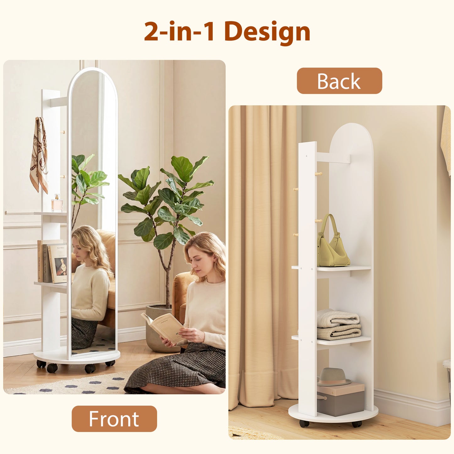 HOMCOM 2 In 1 Full Length Mirror With Hidden Storage Shelves Coat Rack And Hooks White Floor Mirror With Wheels