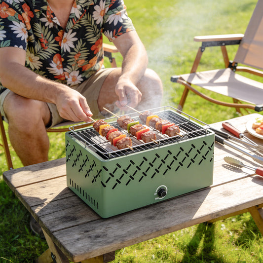 Outsunny Portable Charcoal BBQ Grill With Built In Fan Battery Powered For Camping Picnics Light Green