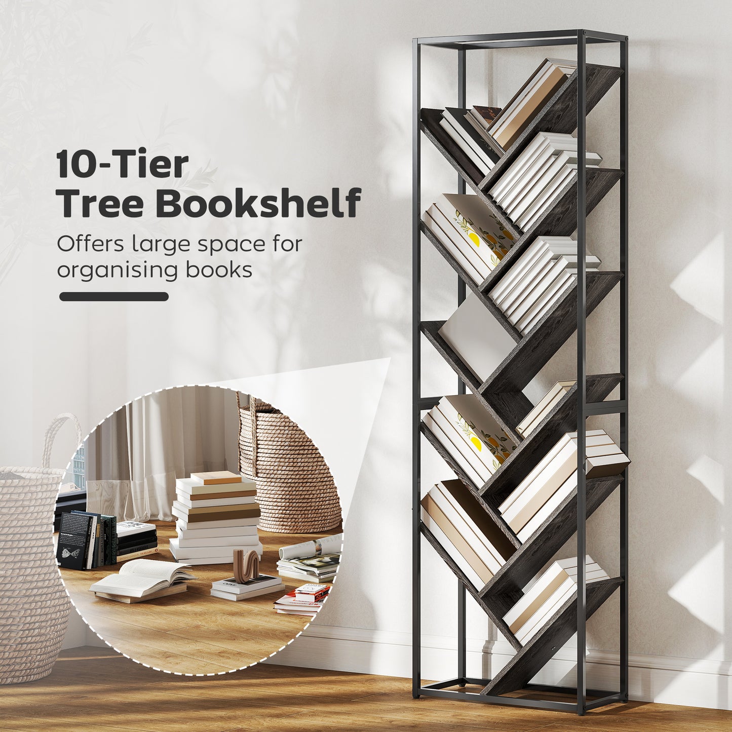HOMCOM 10 Shelf Industrial Style Tree Bookshelf Tall 170 Centimeters With Branches Design And Metal Frame Black Grey