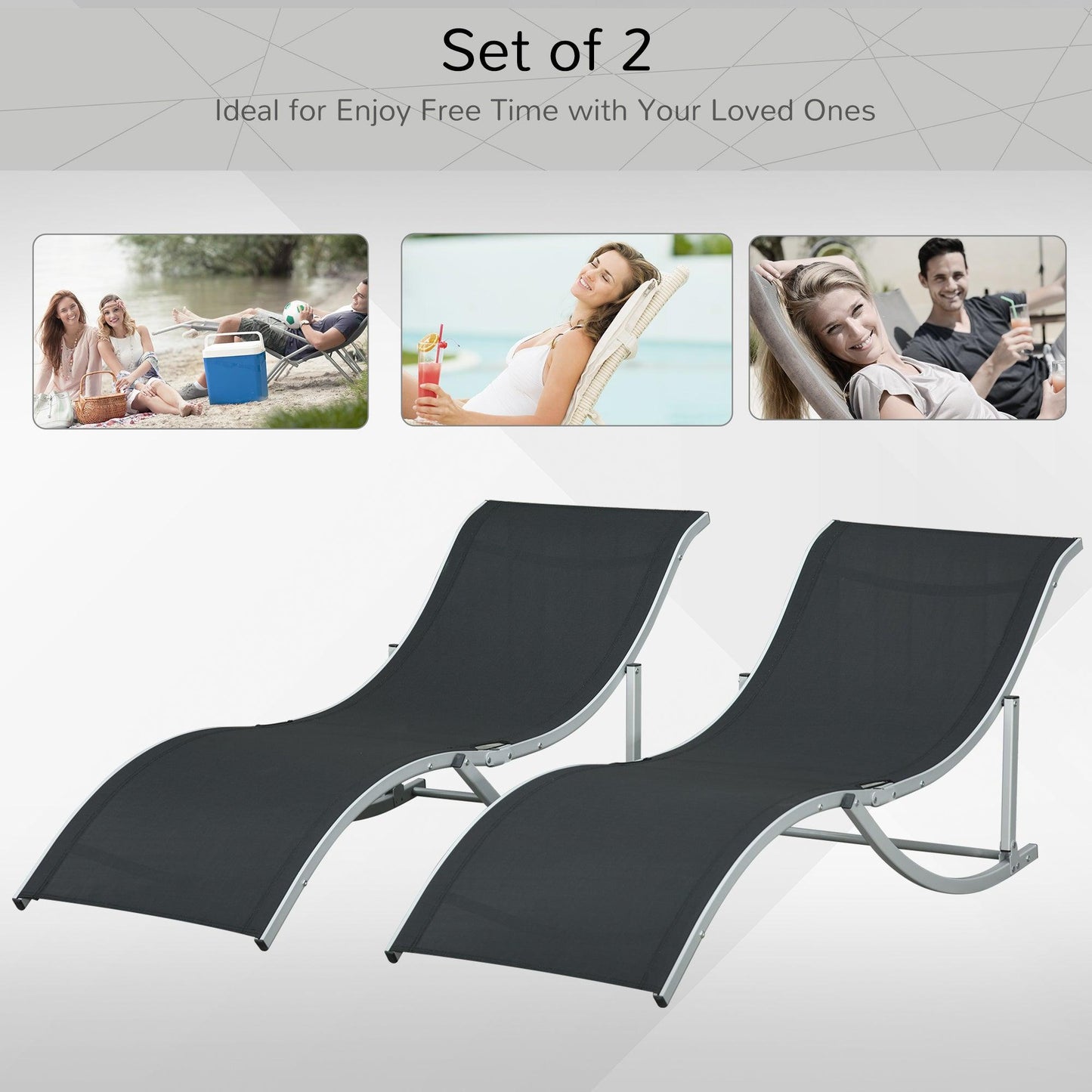 Outsunny 2 Pieces Folding Sun Lounger, S-shaped Lounge Chairs Reclining Sleeping Bed with Aluminium Frame - ALL4U RETAILER LTD