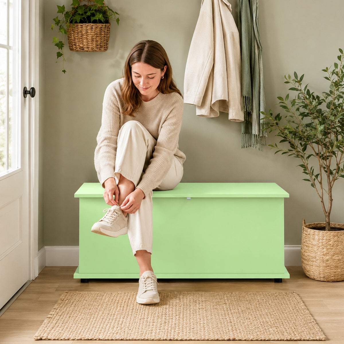 Homcom 114L Green Wooden Storage Bench With Safety Hinge For Home