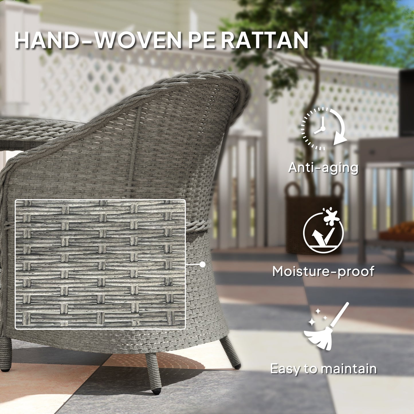 Outsunny 4 Seater Rattan Furniture Set With Cushions Round PE Rattan Dining Set Glass Top Table Umbrella Hole Grey